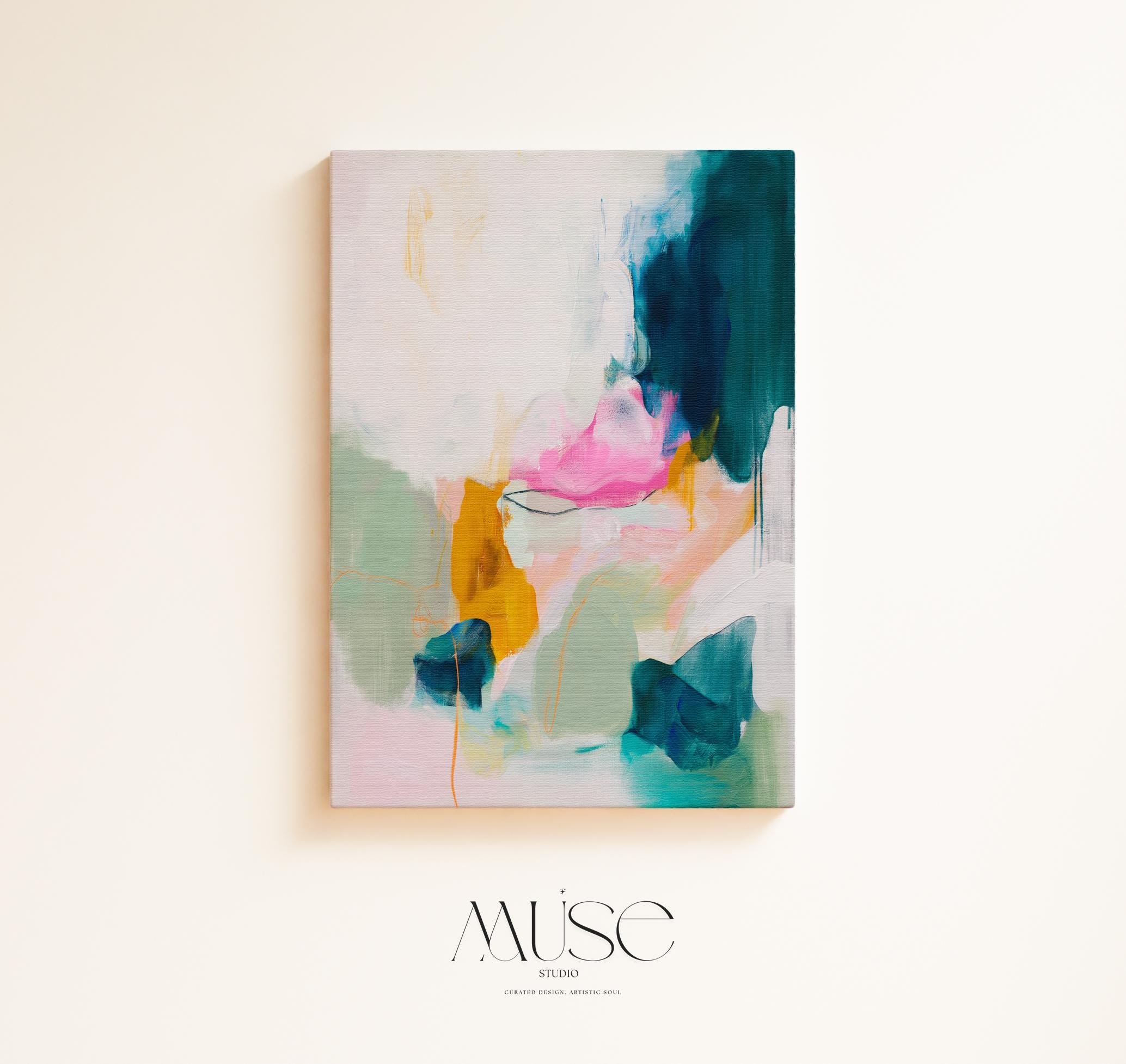 Colorful abstract canvas wall art by Muse Studio, pink teal mint and ochre vertical painting printed with museum-grade giclée inks on premium gallery-wrapped artist canvas, modern colorful artwork for living rooms, bedrooms, offices, and creative interiors.
