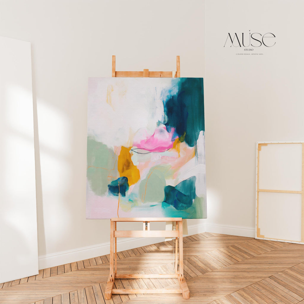 Pastel Modern Vertical Canvas Wall Art · Pink Teal Calm Abstract Painting · Muse Studio · Morning Dew 453