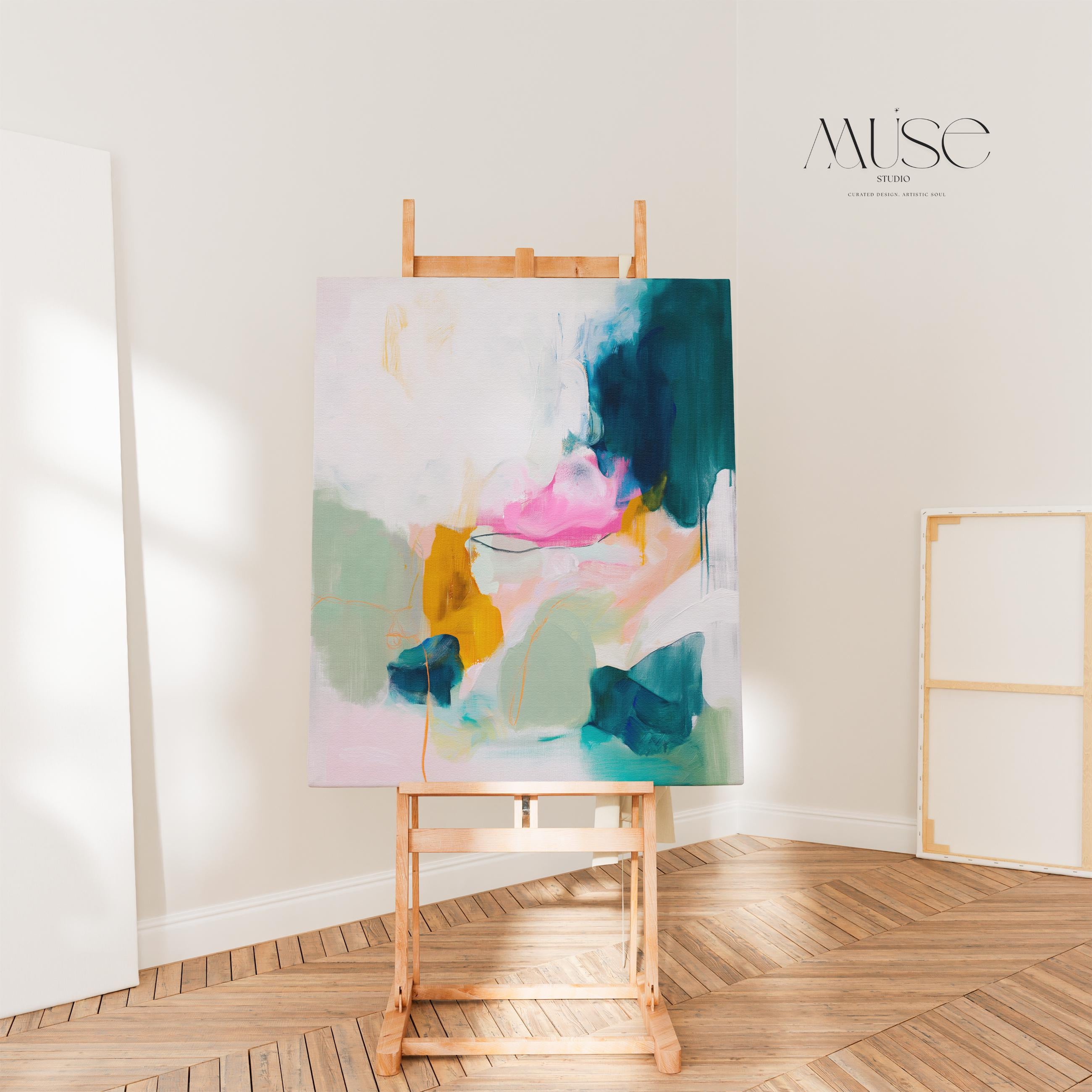 Pastel Modern Vertical Canvas Wall Art · Pink Teal Calm Abstract Painting · Muse Studio · Morning Dew 453