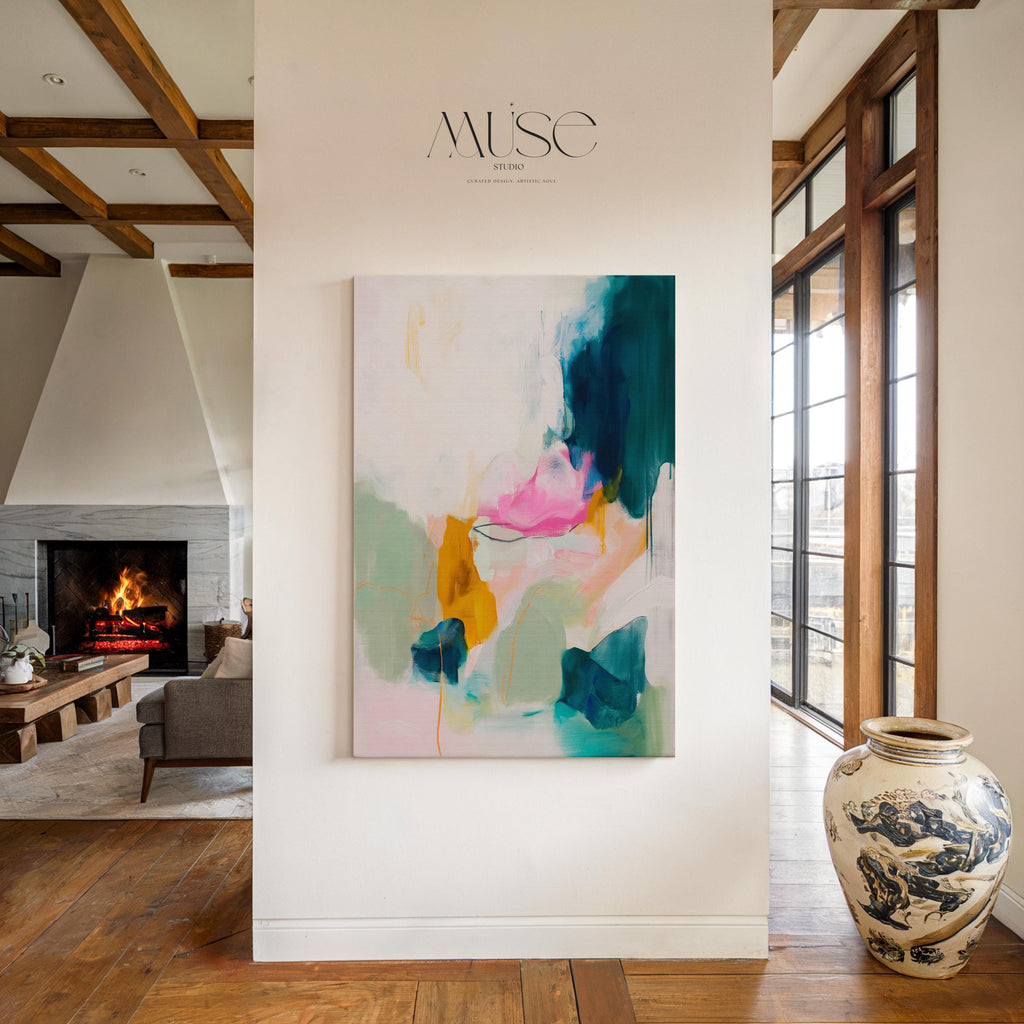 Colorful abstract canvas wall art by Muse Studio, pink teal mint and ochre vertical painting printed with museum-grade giclée inks on premium gallery-wrapped artist canvas, modern colorful artwork for living rooms, bedrooms, offices, and creative interiors.