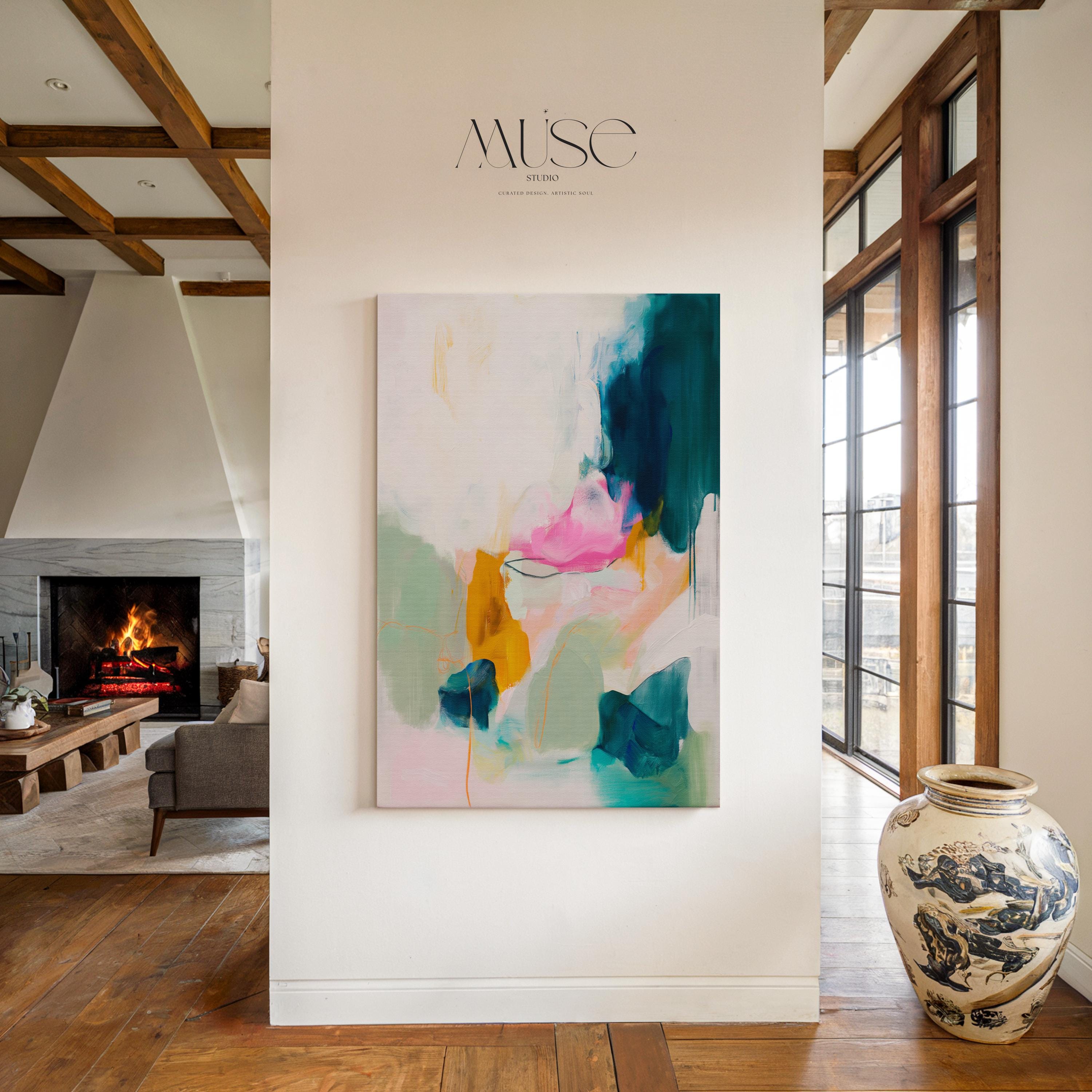 Colorful abstract canvas wall art by Muse Studio, pink teal mint and ochre vertical painting printed with museum-grade giclée inks on premium gallery-wrapped artist canvas, modern colorful artwork for living rooms, bedrooms, offices, and creative interiors.