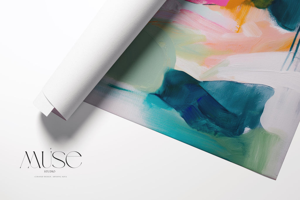 Colorful abstract canvas wall art by Muse Studio, pink teal mint and ochre vertical painting printed with museum-grade giclée inks on premium gallery-wrapped artist canvas, modern colorful artwork for living rooms, bedrooms, offices, and creative interiors.