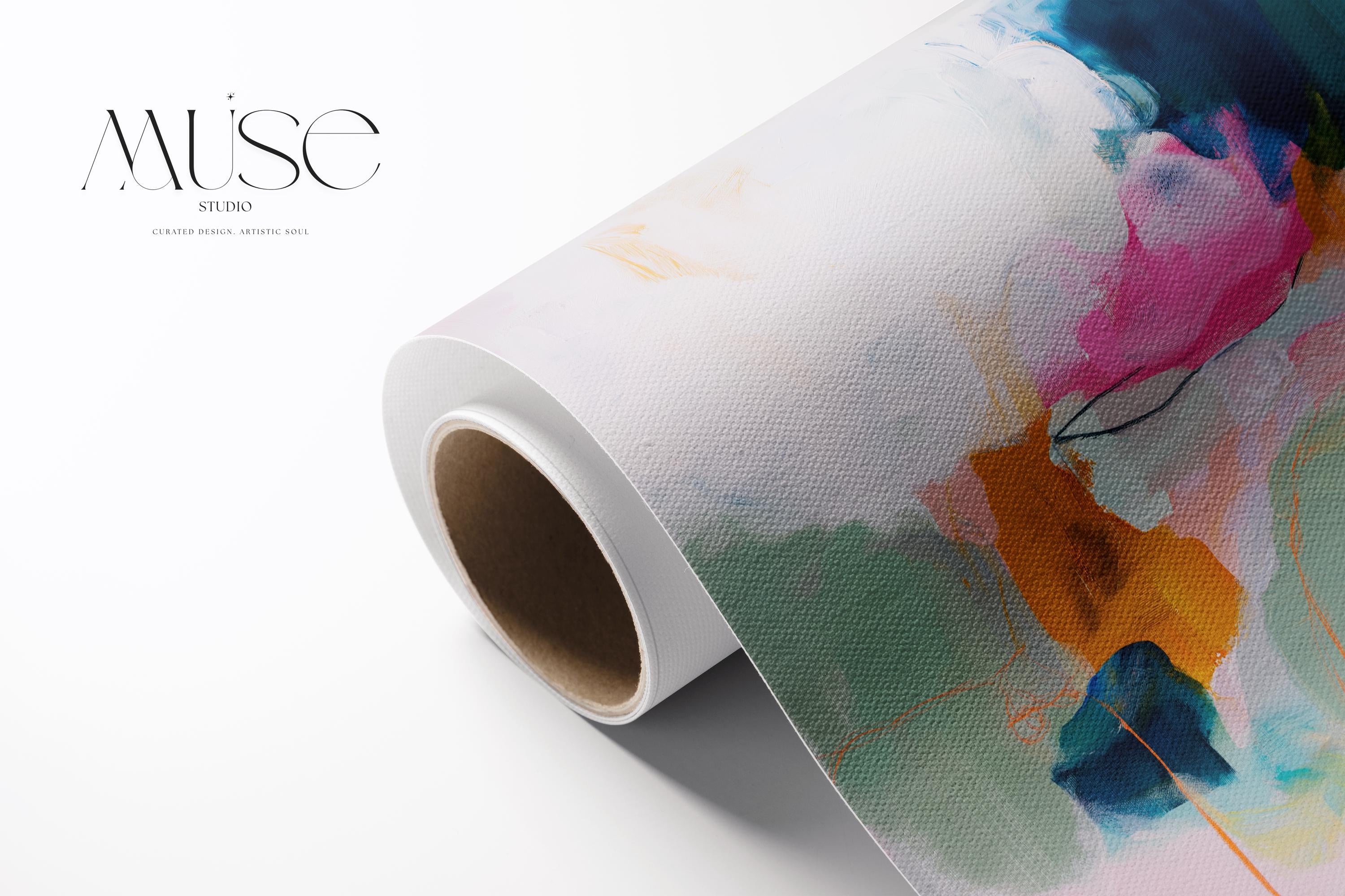 Colorful abstract canvas wall art by Muse Studio, pink teal mint and ochre vertical painting printed with museum-grade giclée inks on premium gallery-wrapped artist canvas, modern colorful artwork for living rooms, bedrooms, offices, and creative interiors.