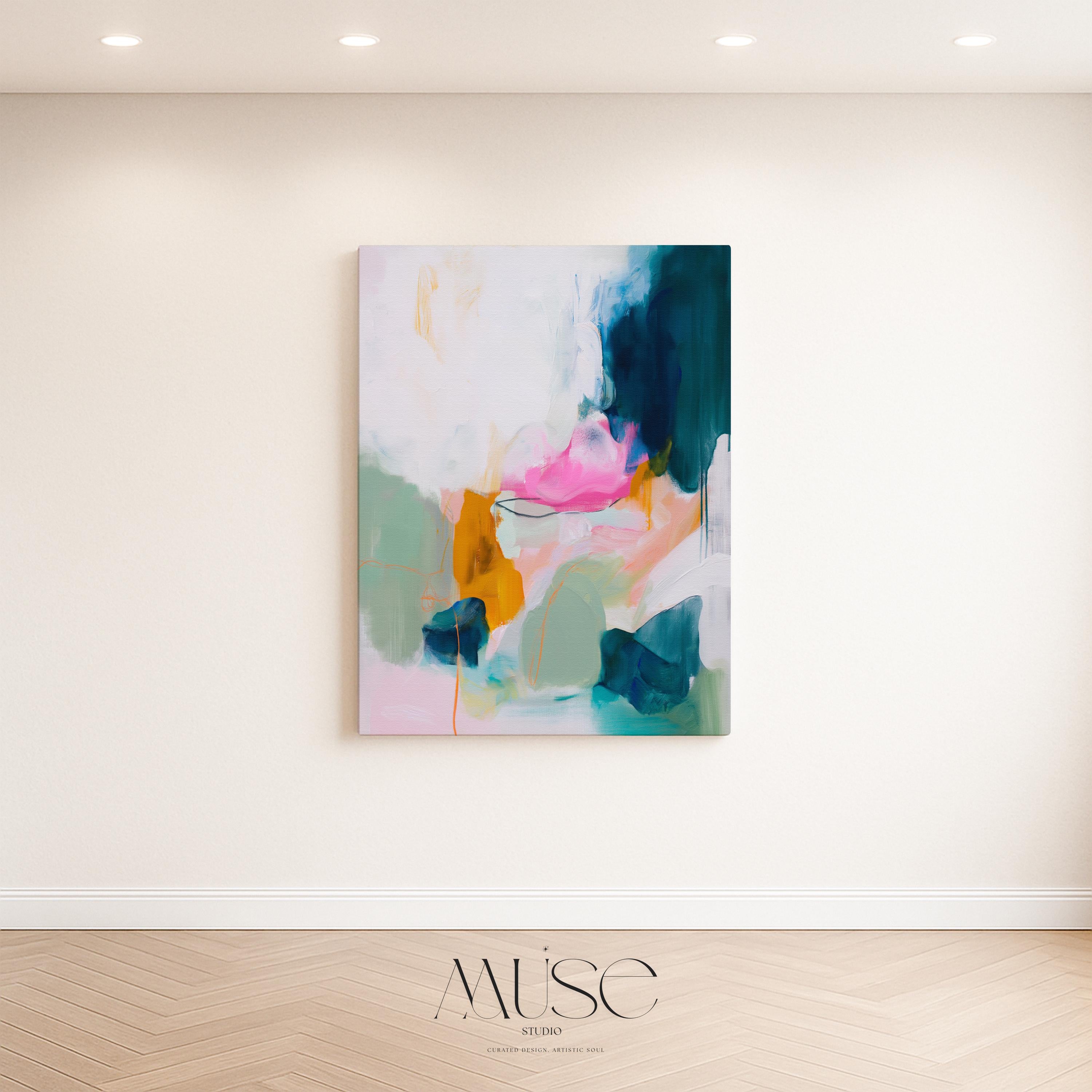 Colorful abstract canvas wall art by Muse Studio, pink teal mint and ochre vertical painting printed with museum-grade giclée inks on premium gallery-wrapped artist canvas, modern colorful artwork for living rooms, bedrooms, offices, and creative interiors.