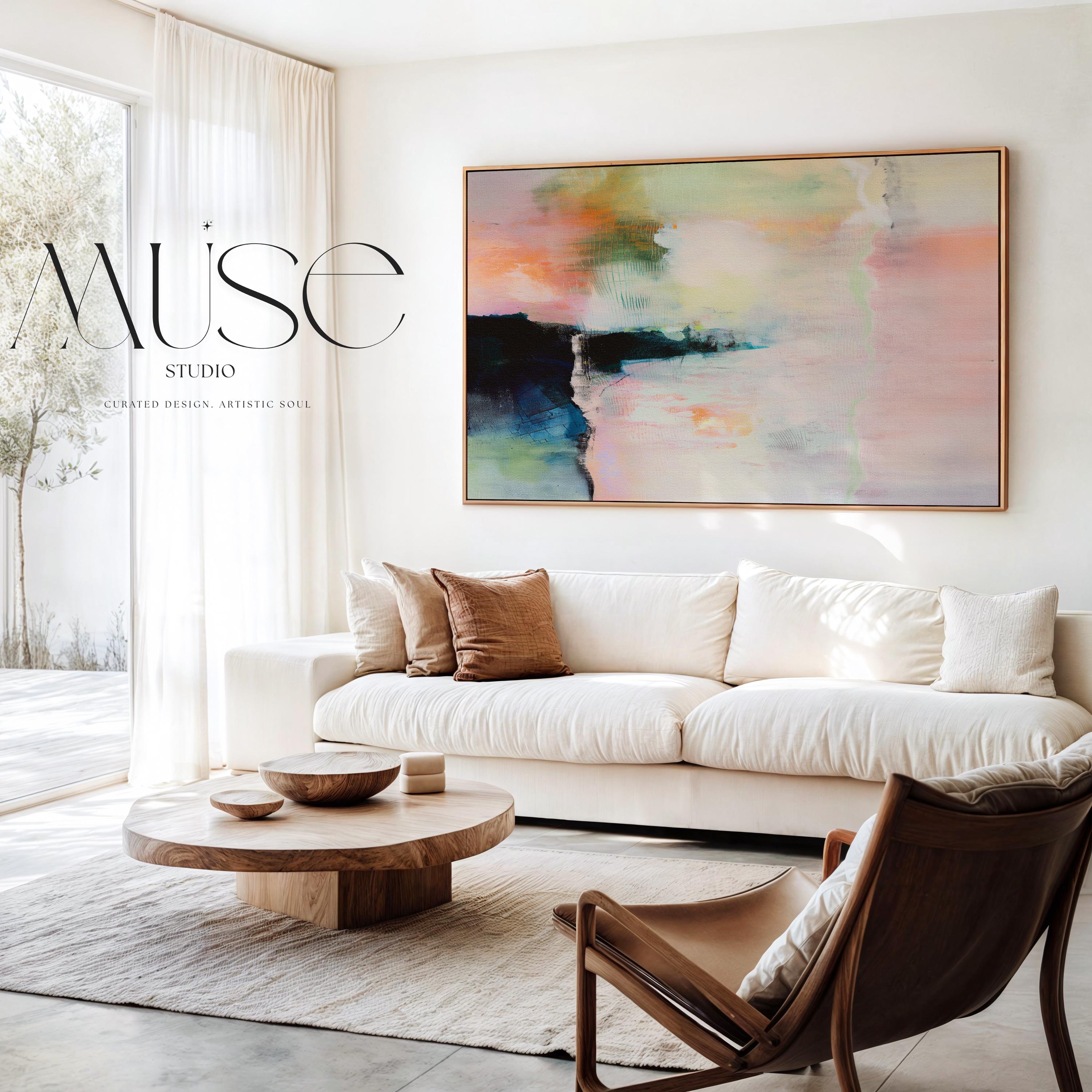 Summer Veil 308 by Muse Studio & Co., large horizontal peach, green and navy modern abstract wall art on premium cotton canvas with museum-grade giclée inks, framed in natural wood for Soft Atmospheric bedrooms and Organic Transitional interiors.