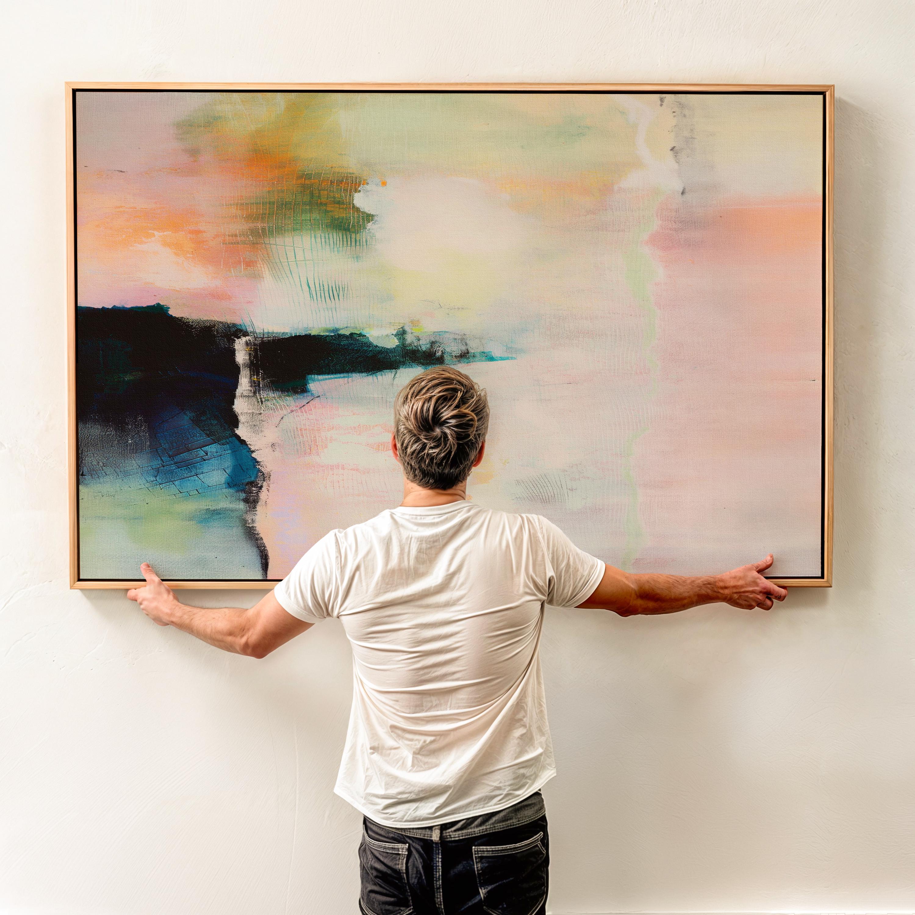 Summer Veil 308 by Muse Studio & Co., large horizontal peach, green and navy modern abstract wall art on premium cotton canvas with museum-grade giclée inks, framed in natural wood for Soft Atmospheric bedrooms and Organic Transitional interiors.