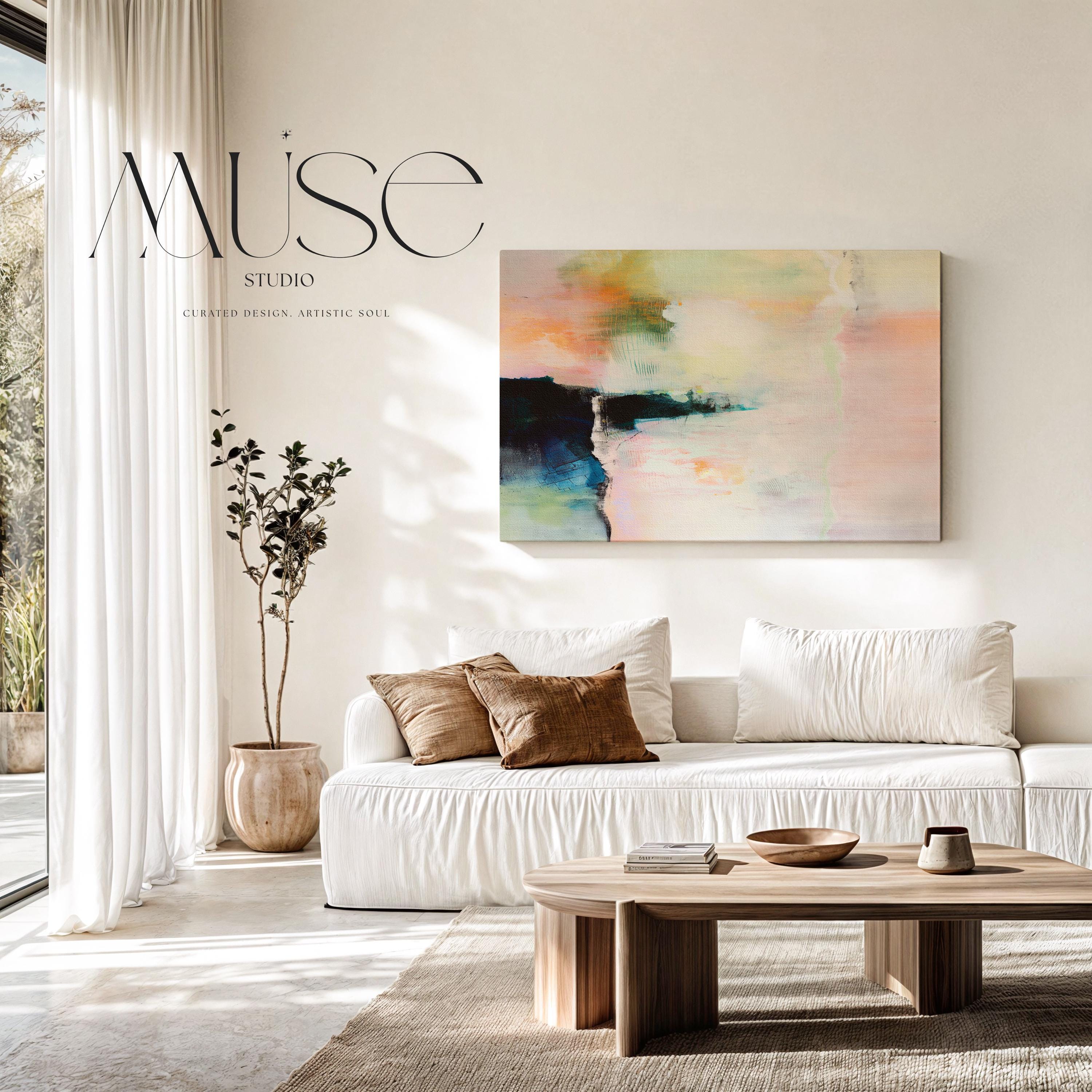 Summer Veil 308 by Muse Studio & Co., large horizontal peach, blush, sage green and navy modern abstract wall art printed on premium gallery-wrapped artist canvas with museum-grade giclée inks, styled for Soft Atmospheric and Organic Transitional living rooms.