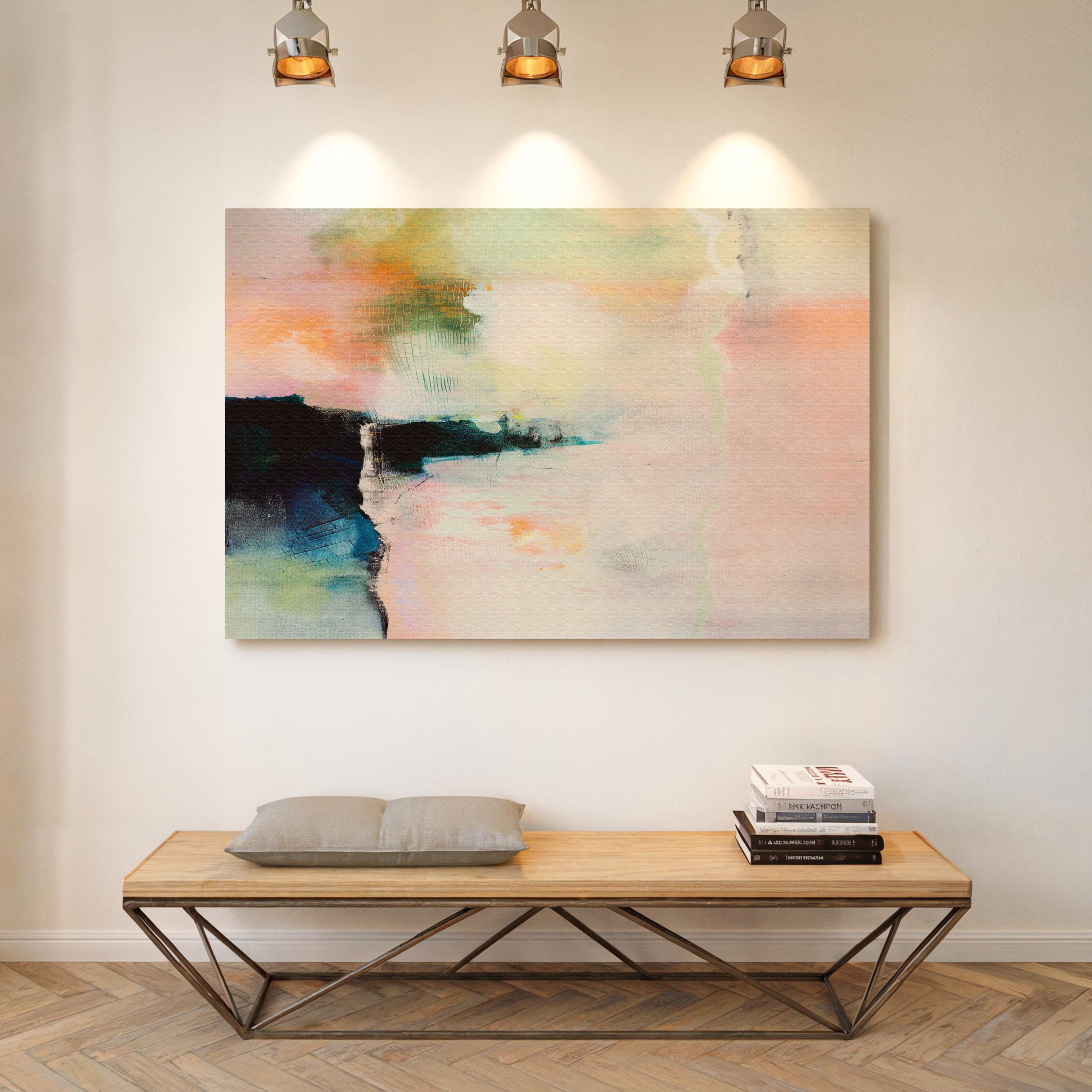 Summer Veil 308 by Muse Studio & Co., large horizontal peach, blush, sage green and navy modern abstract wall art printed on premium gallery-wrapped artist canvas with museum-grade giclée inks, styled for Soft Atmospheric and Organic Transitional living rooms.