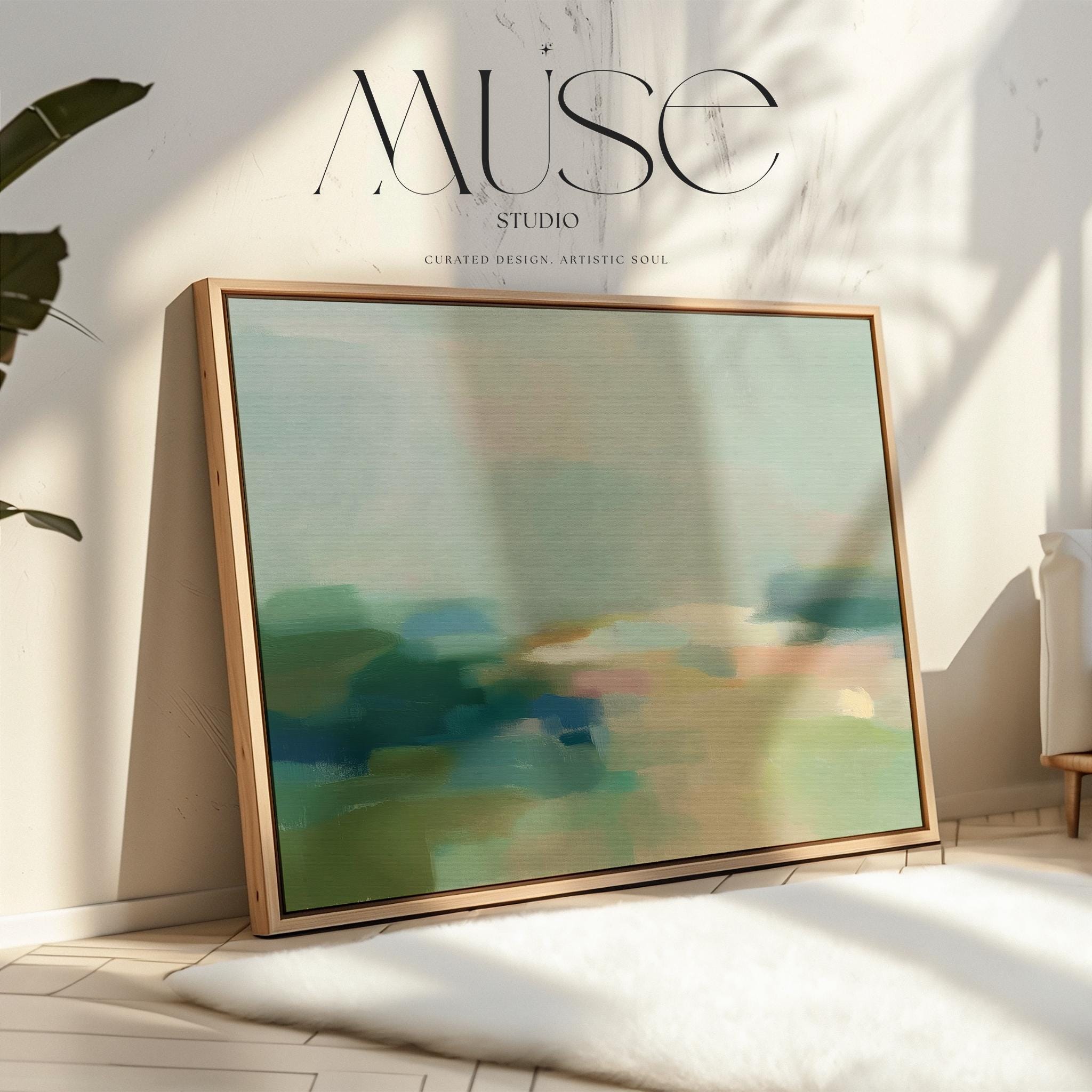 Quiet Tides 1054 by Muse Studio & Co., large horizontal sage green and blue coastal abstract wall art on premium cotton canvas with museum-grade giclée inks, framed in natural wood for Soft Atmospheric bedrooms and Coastal Tonal spaces.