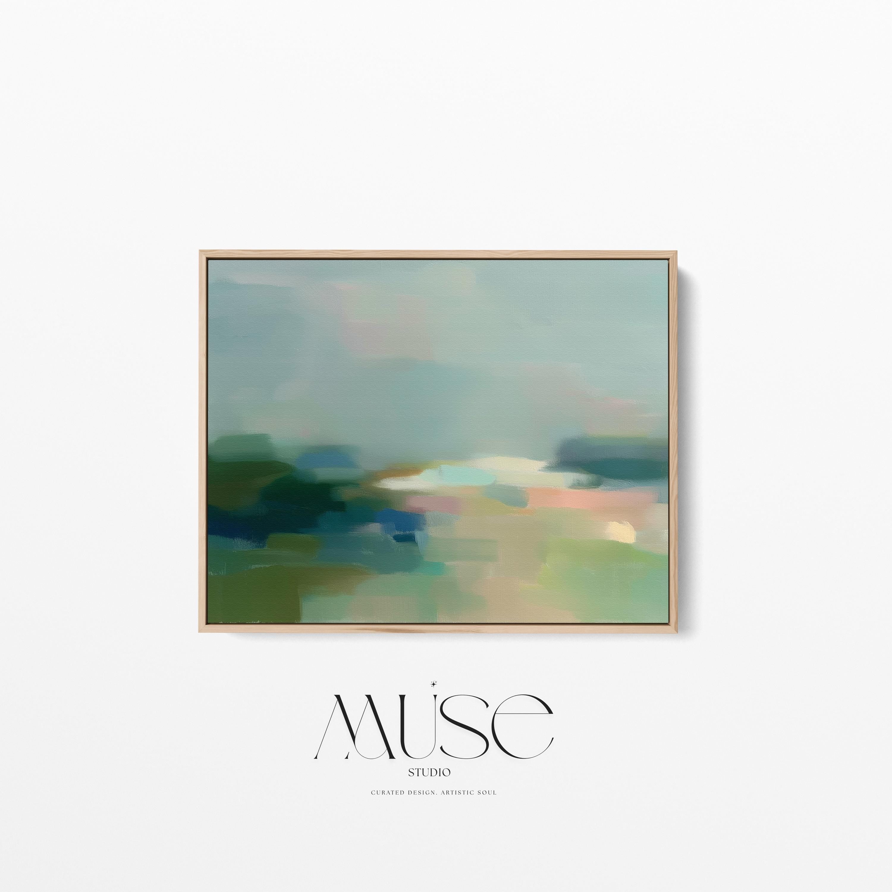 Quiet Tides 1054 by Muse Studio & Co., large horizontal sage green and blue coastal abstract wall art on premium cotton canvas with museum-grade giclée inks, framed in natural wood for Soft Atmospheric bedrooms and Coastal Tonal spaces.