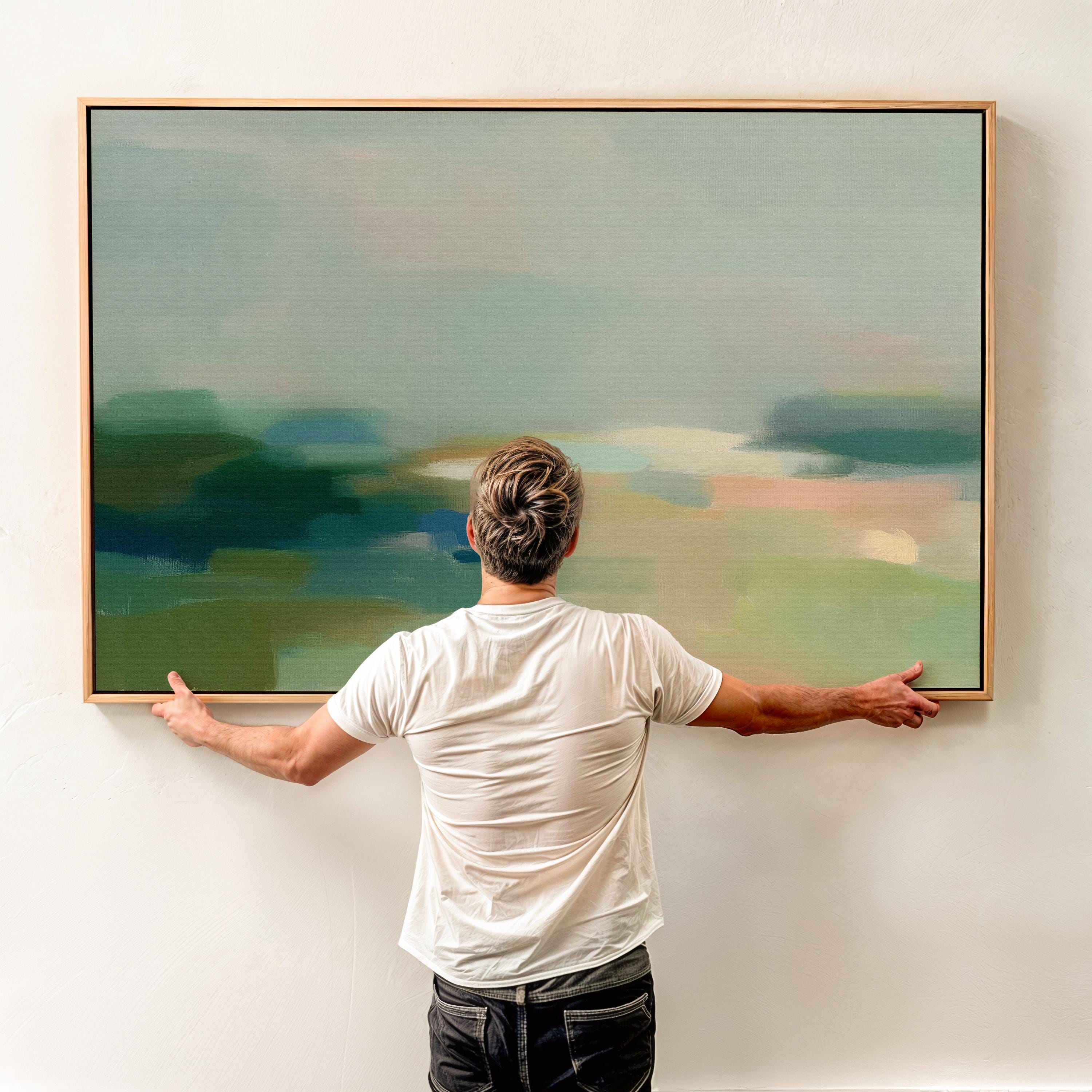 Quiet Tides 1054 by Muse Studio & Co., large horizontal sage green and blue coastal abstract wall art on premium cotton canvas with museum-grade giclée inks, framed in natural wood for Soft Atmospheric bedrooms and Coastal Tonal spaces.
