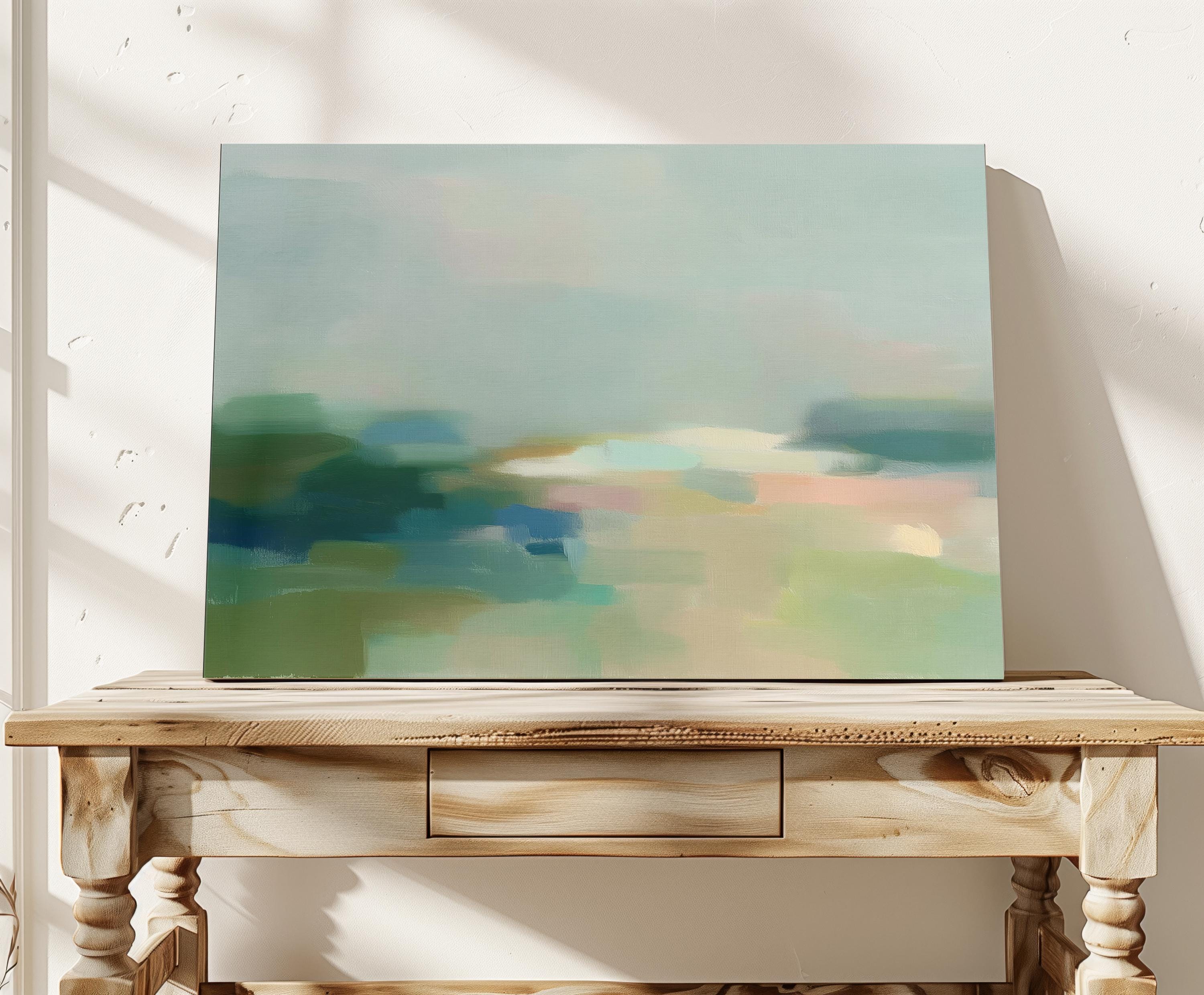 Quiet Tides 1054 by Muse Studio & Co., large horizontal sage green, seafoam and misty blue coastal abstract wall art printed on premium gallery-wrapped cotton canvas with museum-grade giclée inks, styled for Soft Atmospheric living rooms and Coastal Tonal interiors.