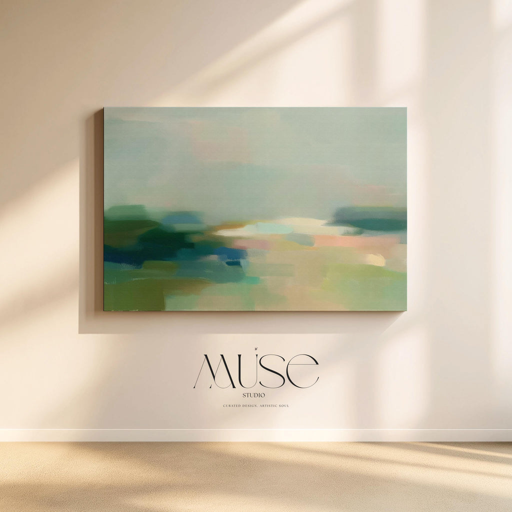 Quiet Tides 1054 by Muse Studio & Co., large horizontal sage green, seafoam and misty blue coastal abstract wall art printed on premium gallery-wrapped cotton canvas with museum-grade giclée inks, styled for Soft Atmospheric living rooms and Coastal Tonal interiors.