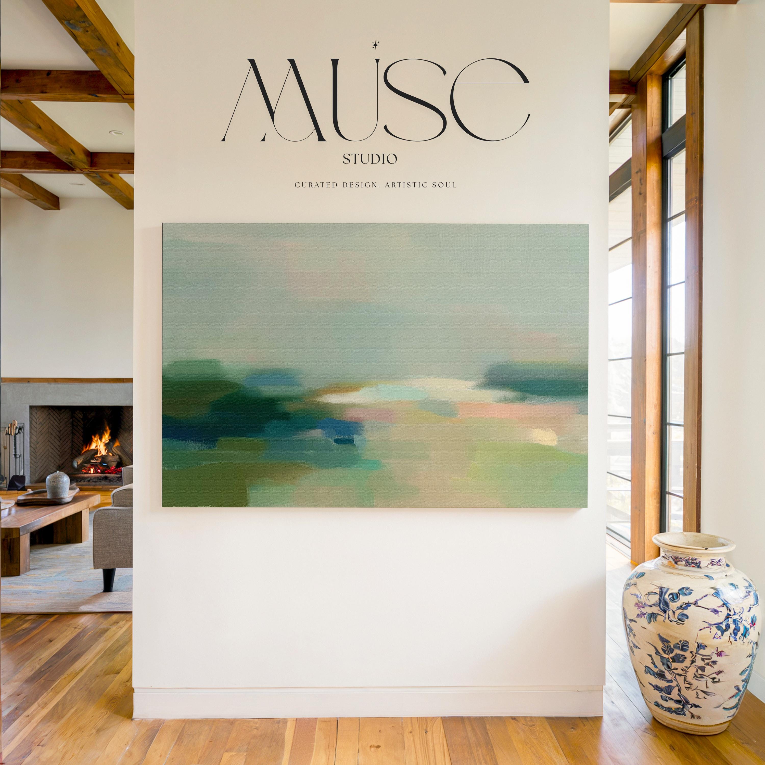 Quiet Tides 1054 by Muse Studio & Co., large horizontal sage green, seafoam and misty blue coastal abstract wall art printed on premium gallery-wrapped cotton canvas with museum-grade giclée inks, styled for Soft Atmospheric living rooms and Coastal Tonal interiors.