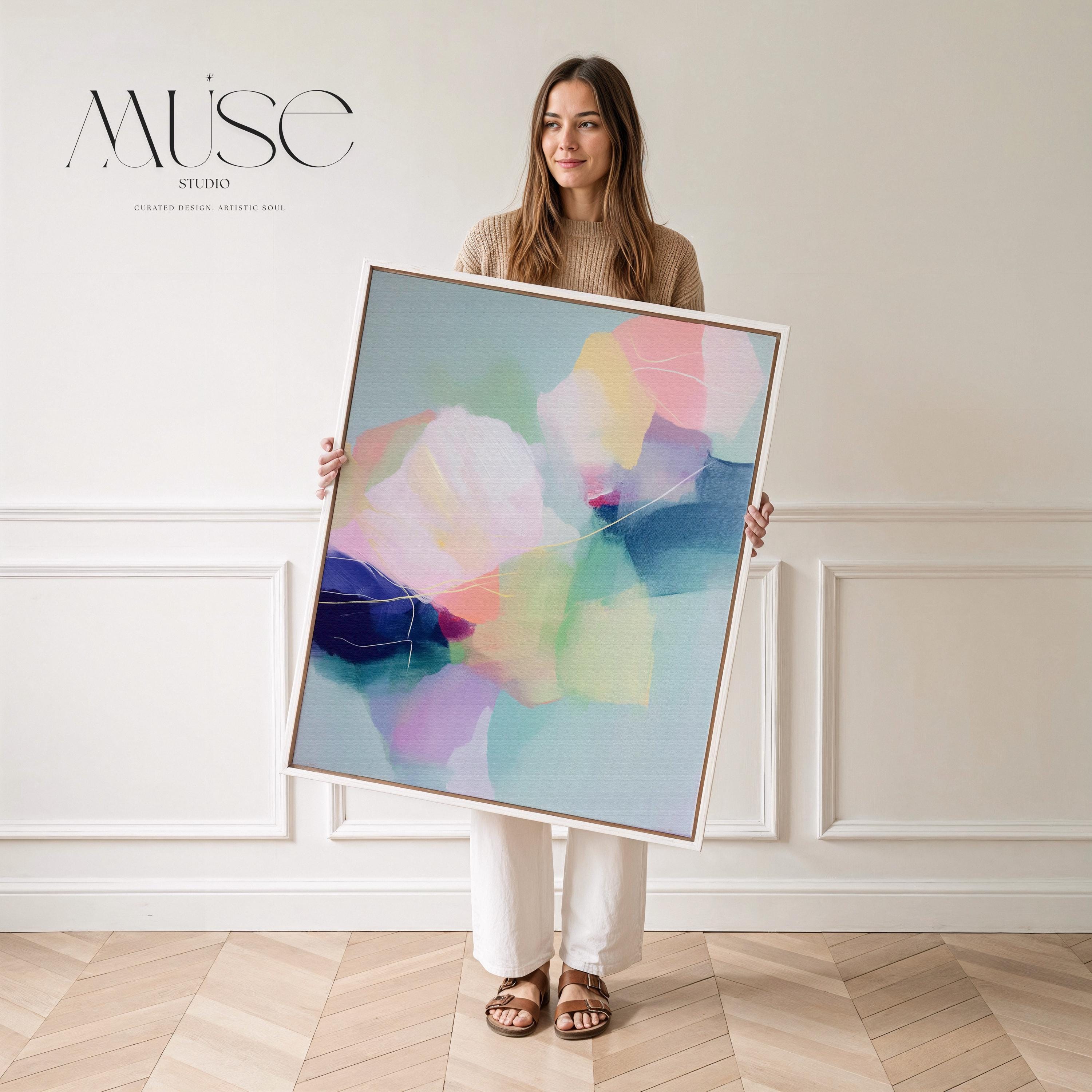Petal Whisper 1050 by Muse Studio & Co., large vertical pastel floral abstract wall art in blush, yellow, mint and blue on premium cotton canvas with museum-grade giclée inks, framed in natural wood for Soft Atmospheric living rooms and Romantic Botanical spaces.