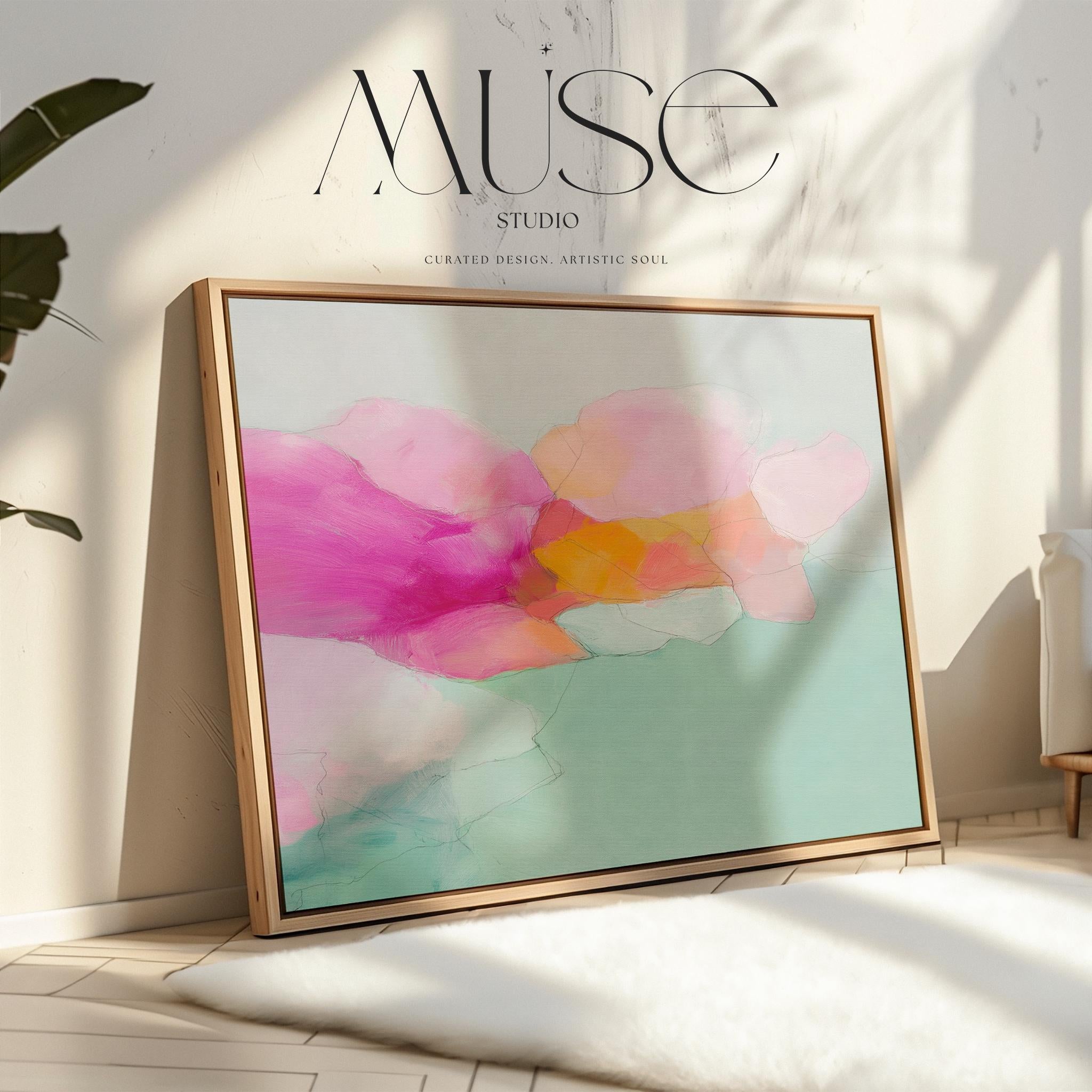 Blush Current 1053 by Muse Studio & Co., large horizontal pink, coral and teal floral abstract wall art on premium cotton canvas with museum-grade giclée inks, framed in natural wood for Soft Atmospheric living rooms and Romantic Botanical spaces.