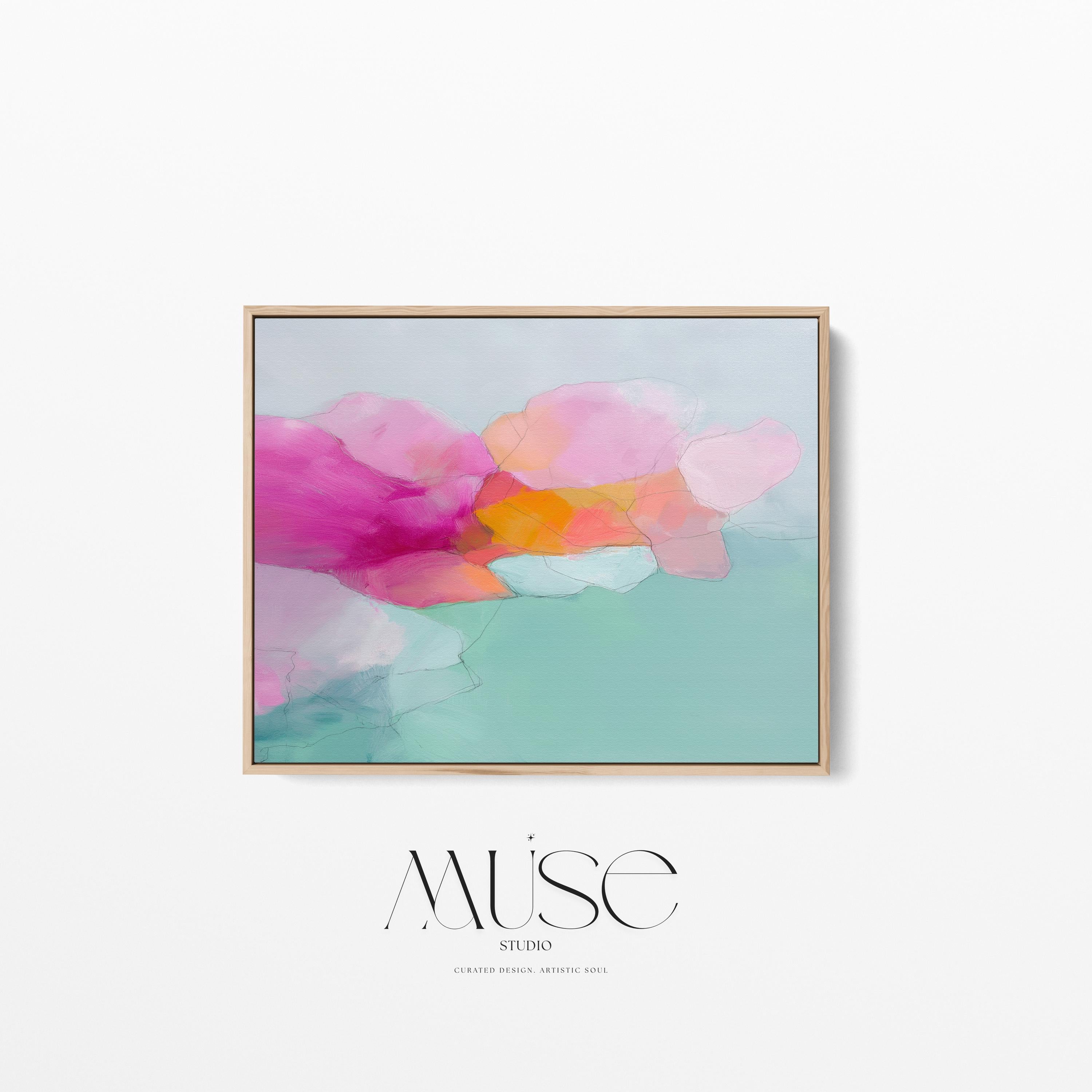 Blush Current 1053 by Muse Studio & Co., large horizontal pink, coral and teal floral abstract wall art on premium cotton canvas with museum-grade giclée inks, framed in natural wood for Soft Atmospheric living rooms and Romantic Botanical spaces.