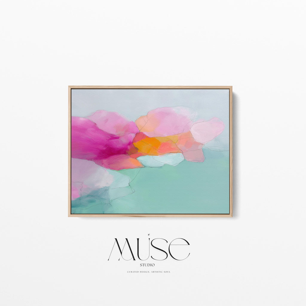 Blush Current 1053 by Muse Studio & Co., large horizontal pink, coral and teal floral abstract wall art on premium cotton canvas with museum-grade giclée inks, framed in natural wood for Soft Atmospheric living rooms and Romantic Botanical spaces.