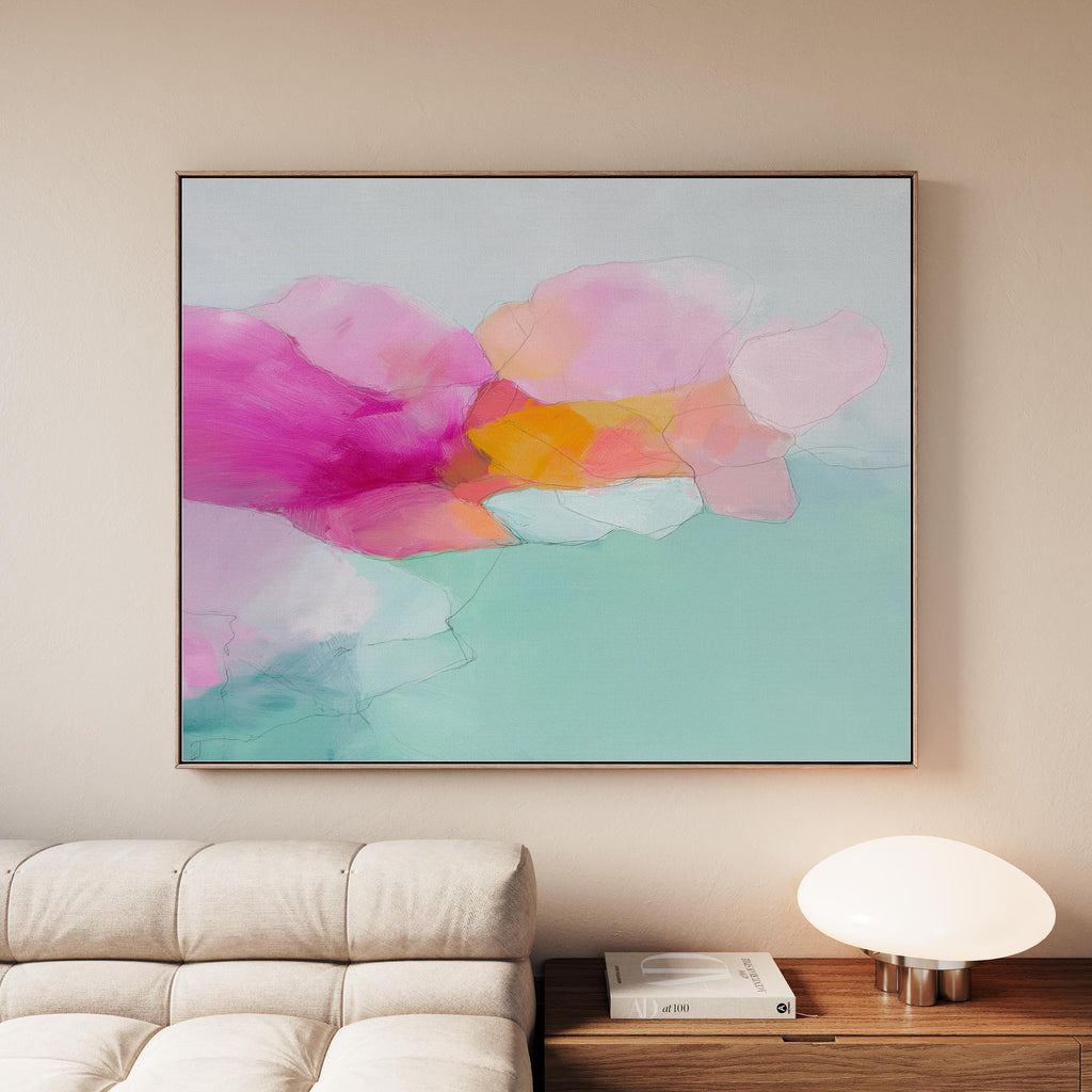 Blush Current 1053 by Muse Studio & Co., large horizontal pink, coral and teal floral abstract wall art on premium cotton canvas with museum-grade giclée inks, framed in natural wood for Soft Atmospheric living rooms and Romantic Botanical spaces.