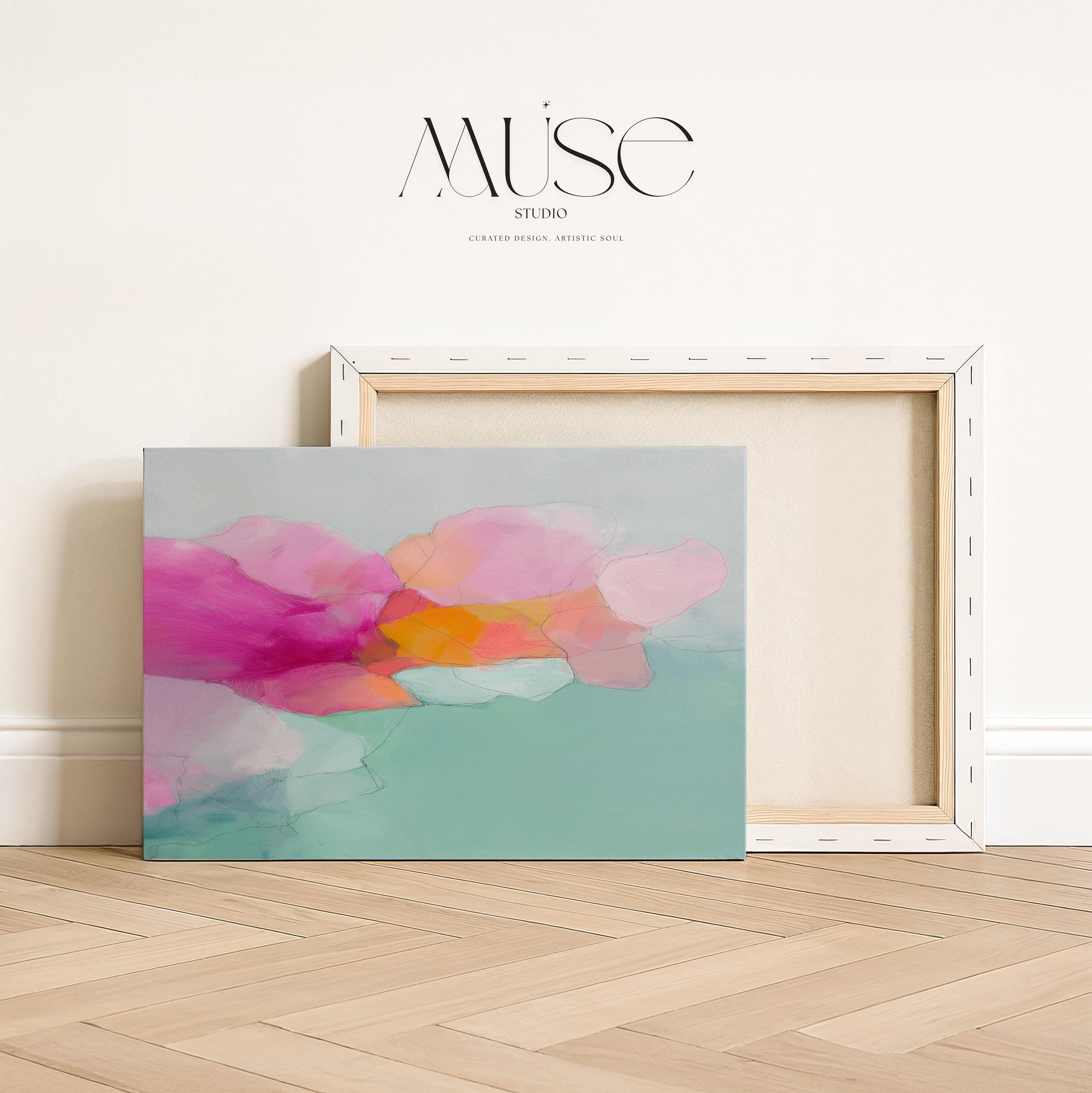 Blush Current 1053 by Muse Studio & Co., large horizontal pink, coral, teal and aqua floral abstract canvas wall art printed on premium gallery-wrapped cotton canvas with museum-grade giclée inks, styled for Soft Atmospheric bedrooms and Romantic Botanical interiors.
