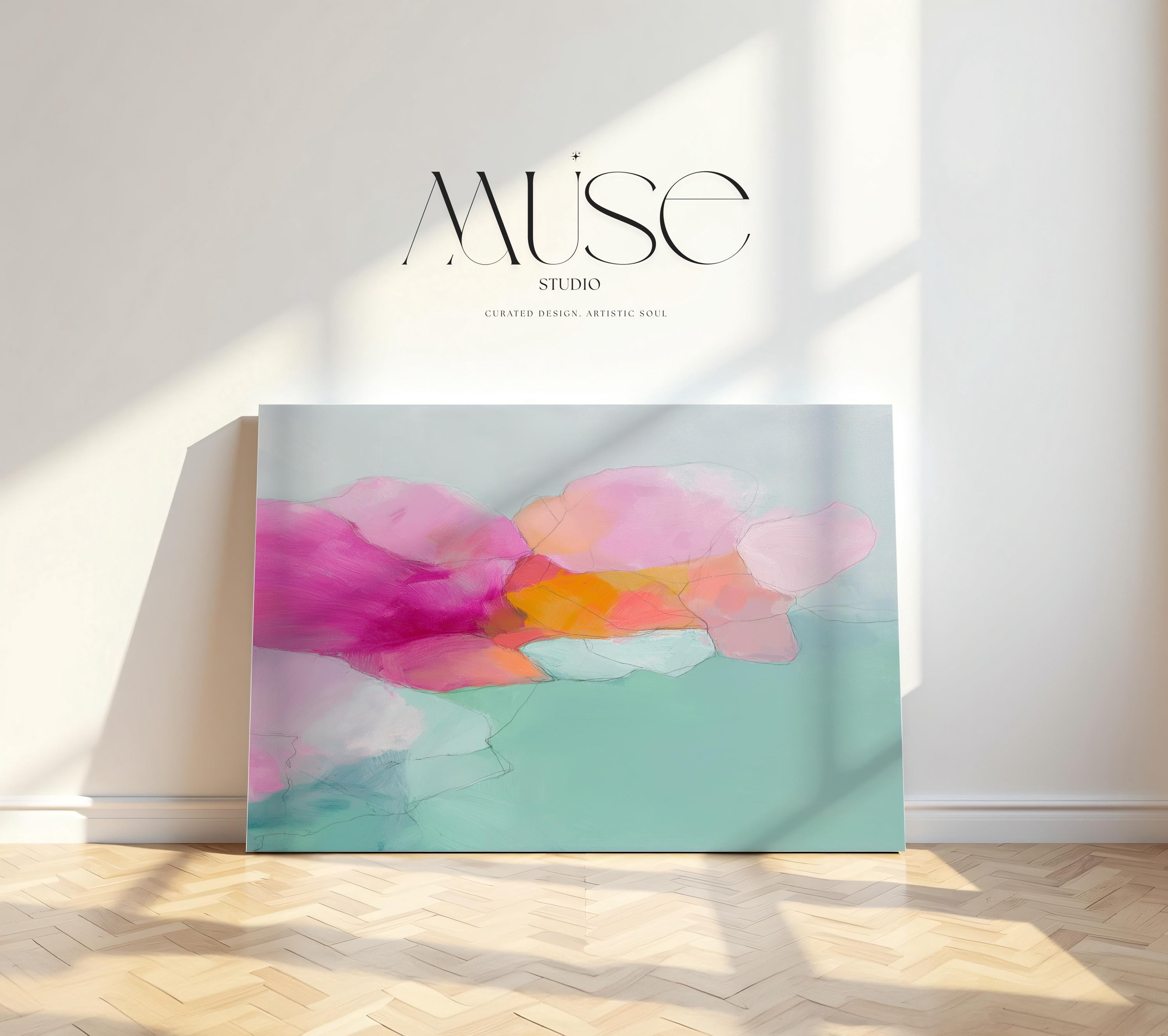 Blush Current 1053 by Muse Studio & Co., large horizontal pink, coral, teal and aqua floral abstract canvas wall art printed on premium gallery-wrapped cotton canvas with museum-grade giclée inks, styled for Soft Atmospheric bedrooms and Romantic Botanical interiors.