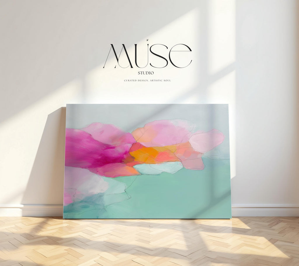 Blush Current 1053 by Muse Studio & Co., large horizontal pink, coral, teal and aqua floral abstract canvas wall art printed on premium gallery-wrapped cotton canvas with museum-grade giclée inks, styled for Soft Atmospheric bedrooms and Romantic Botanical interiors.