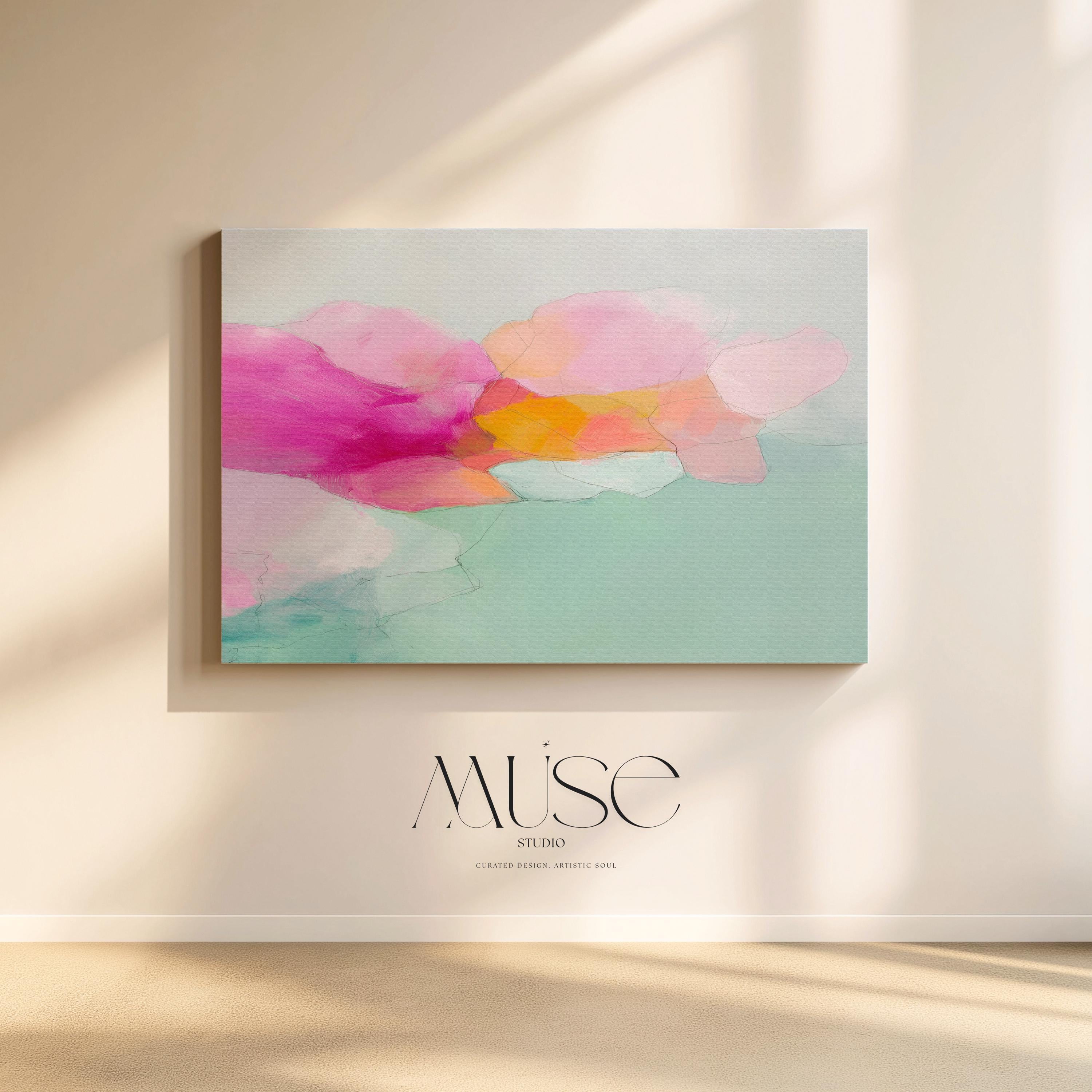 Blush Current 1053 by Muse Studio & Co., large horizontal pink, coral, teal and aqua floral abstract canvas wall art printed on premium gallery-wrapped cotton canvas with museum-grade giclée inks, styled for Soft Atmospheric bedrooms and Romantic Botanical interiors.