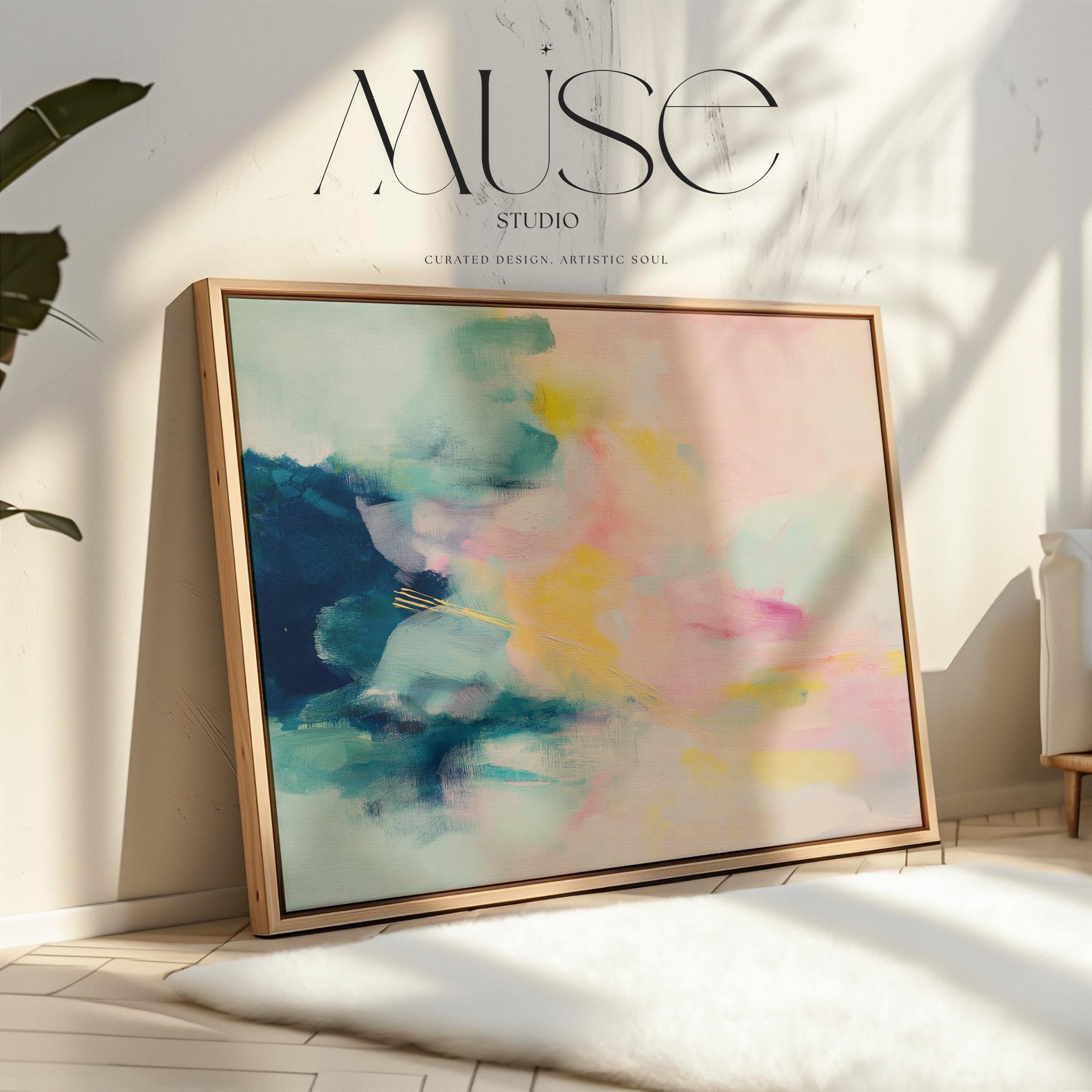 Muse Studio framed horizontal abstract wall art in blush pink, soft teal, aqua, and butter yellow with painterly texture, printed on premium gallery-wrapped artist canvas using museum-grade giclée inks, styled for bedrooms, living rooms, or romantic contemporary interiors