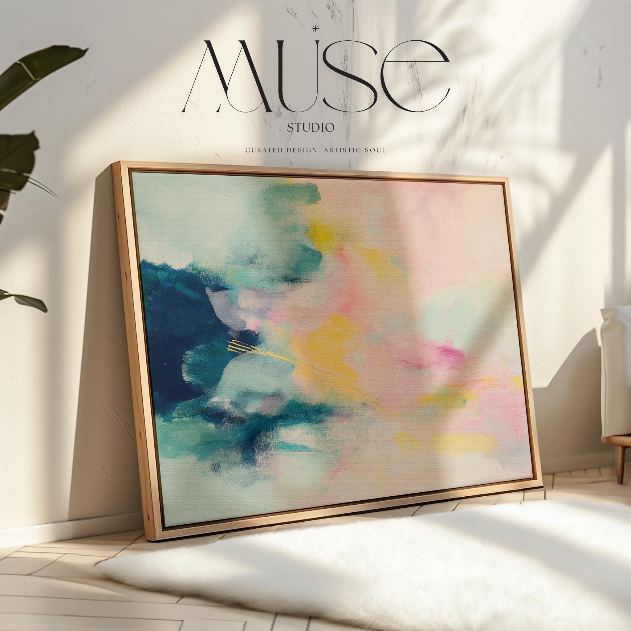 Muse Studio framed horizontal abstract wall art in blush pink, soft teal, aqua, and butter yellow with painterly texture, printed on premium gallery-wrapped artist canvas using museum-grade giclée inks, styled for bedrooms, living rooms, or romantic contemporary interiors