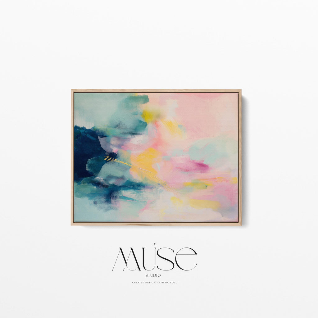 Muse Studio framed horizontal abstract wall art in blush pink, soft teal, aqua, and butter yellow with painterly texture, printed on premium gallery-wrapped artist canvas using museum-grade giclée inks, styled for bedrooms, living rooms, or romantic contemporary interiors