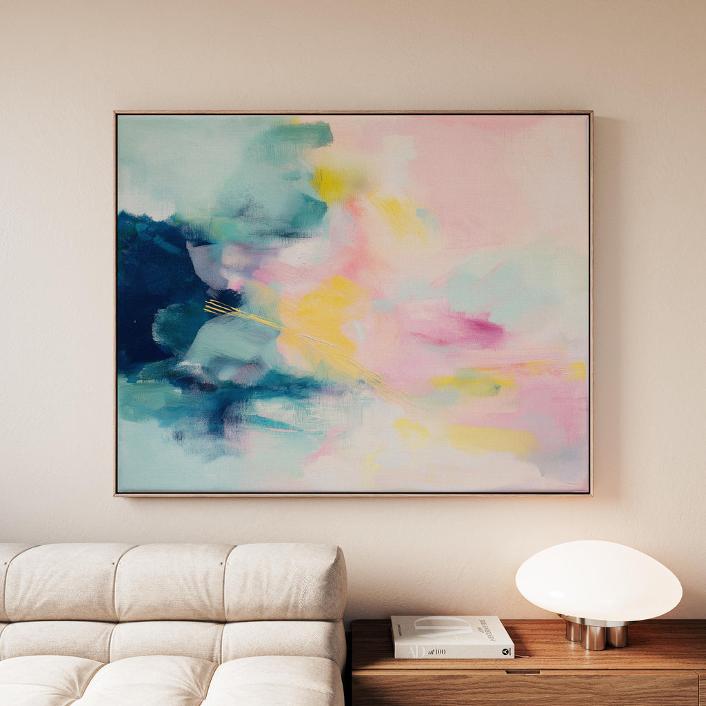 Muse Studio framed horizontal abstract wall art in blush pink, soft teal, aqua, and butter yellow with painterly texture, printed on premium gallery-wrapped artist canvas using museum-grade giclée inks, styled for bedrooms, living rooms, or romantic contemporary interiors
