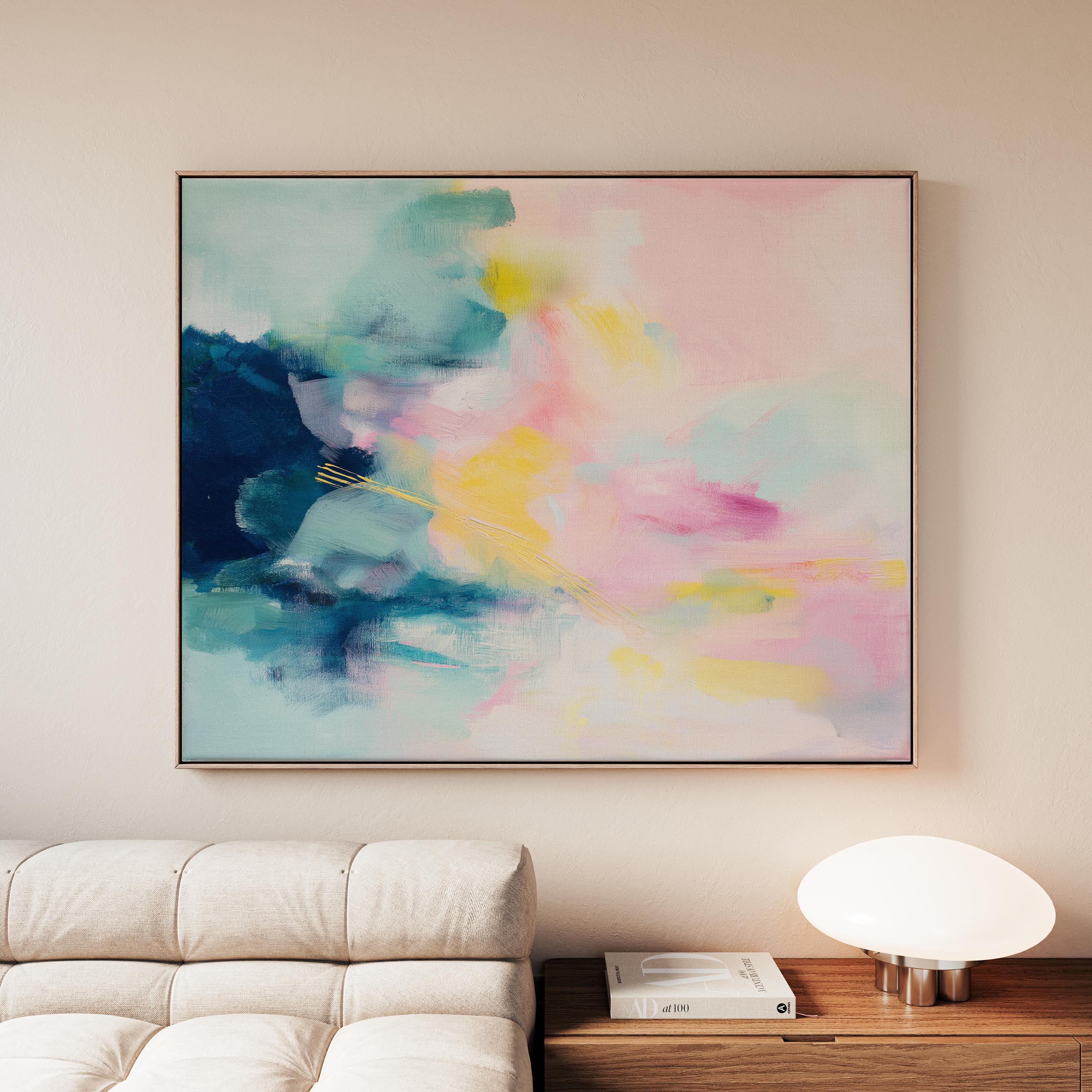 Muse Studio framed horizontal abstract wall art in blush pink, soft teal, aqua, and butter yellow with painterly texture, printed on premium gallery-wrapped artist canvas using museum-grade giclée inks, styled for bedrooms, living rooms, or romantic contemporary interiors