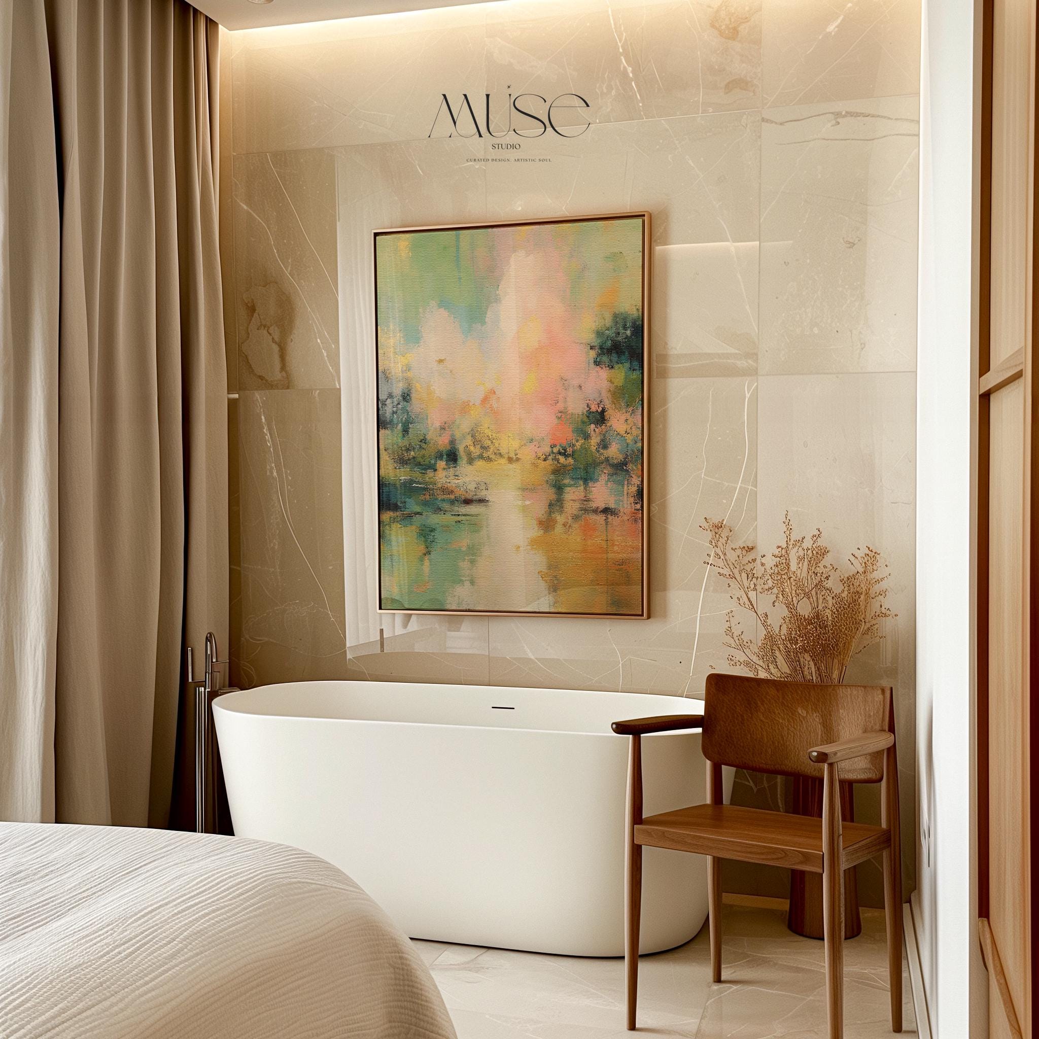 vertical abstract wall art titled “Pink Cloud,” featuring layers of blush, rose, and ivory in a soft contemporary style. Ideal for bedroom, nursery, or serene living spaces. Available as framed or gallery canvas wall art by Muse Studio.