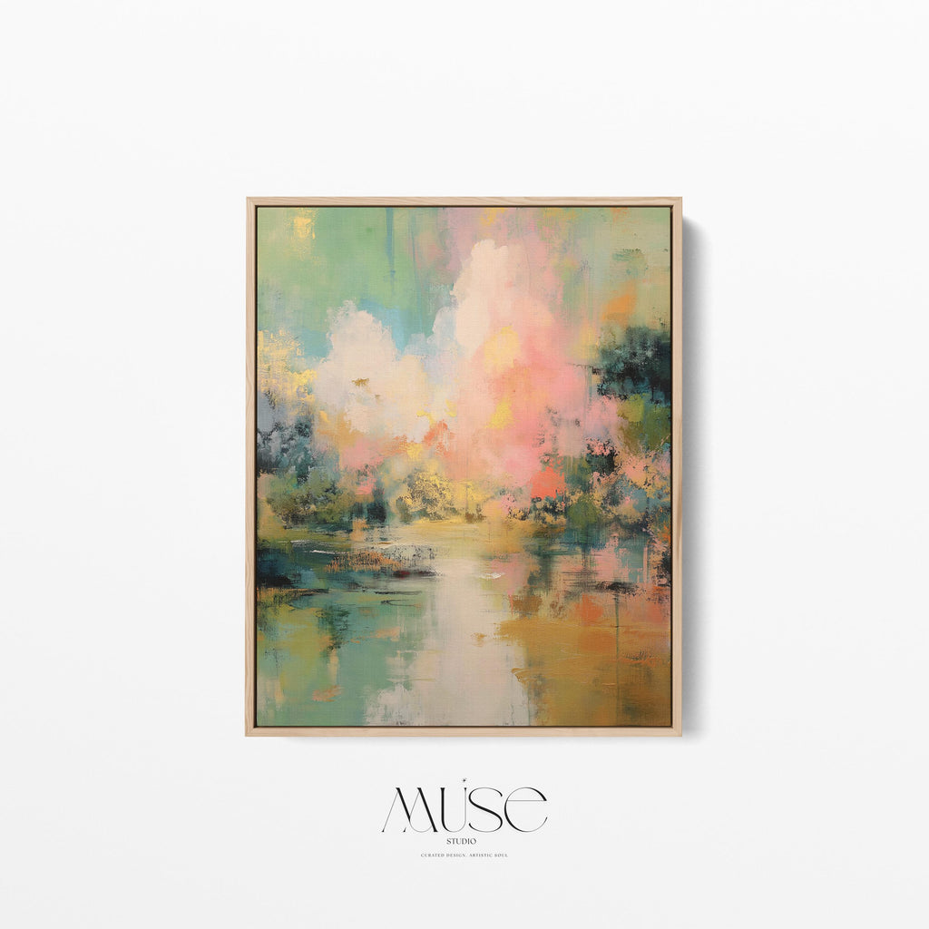 vertical abstract wall art titled “Pink Cloud,” featuring layers of blush, rose, and ivory in a soft contemporary style. Ideal for bedroom, nursery, or serene living spaces. Available as framed or gallery canvas wall art by Muse Studio.