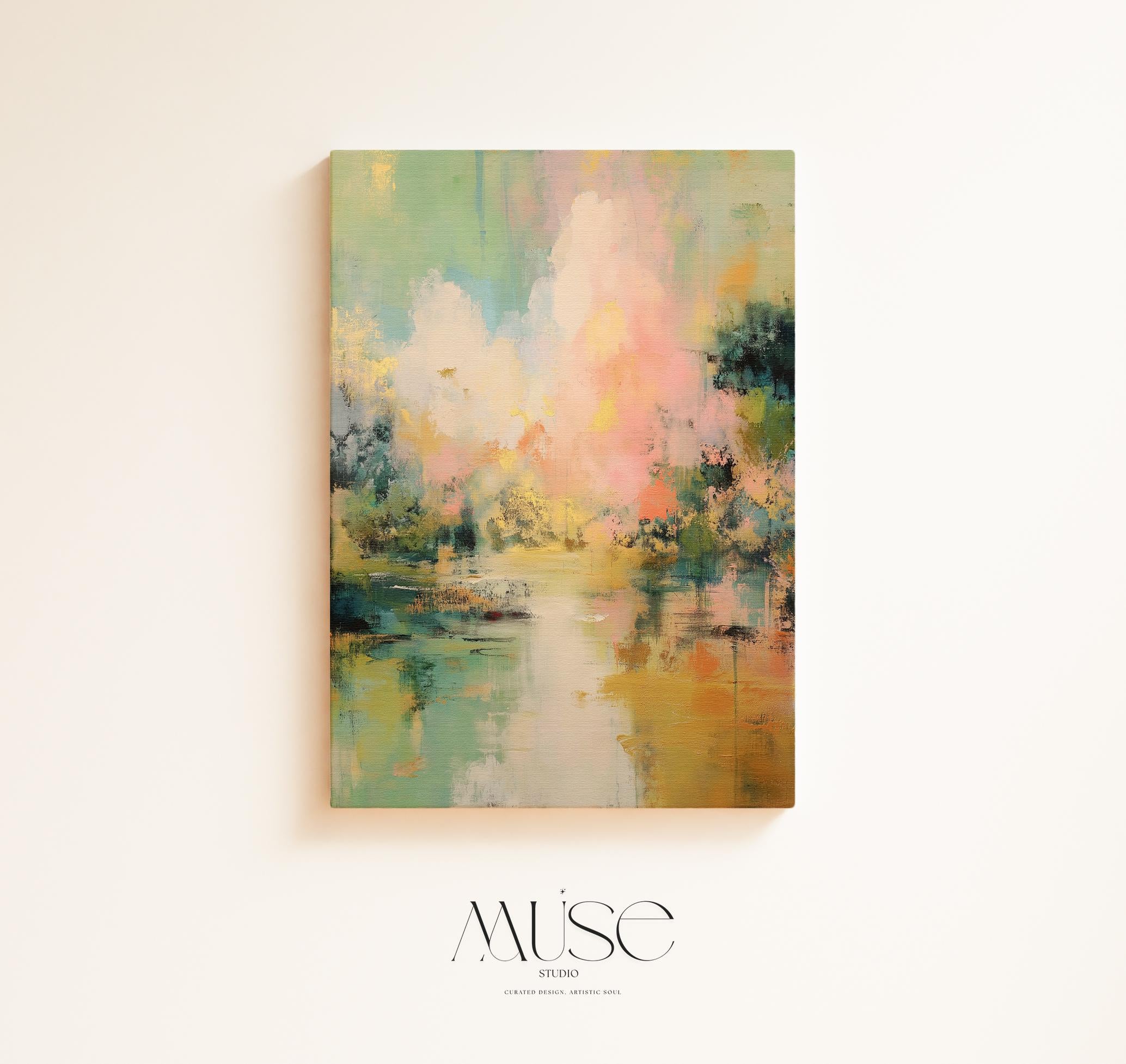 Muse Studio abstract canvas wall art in blush pink, soft green, teal, and pale yellow with cloudscape-inspired brushwork, printed on premium gallery-wrapped artist canvas using museum-grade giclée inks, styled as a soft statement piece for bedroom or living room interiors