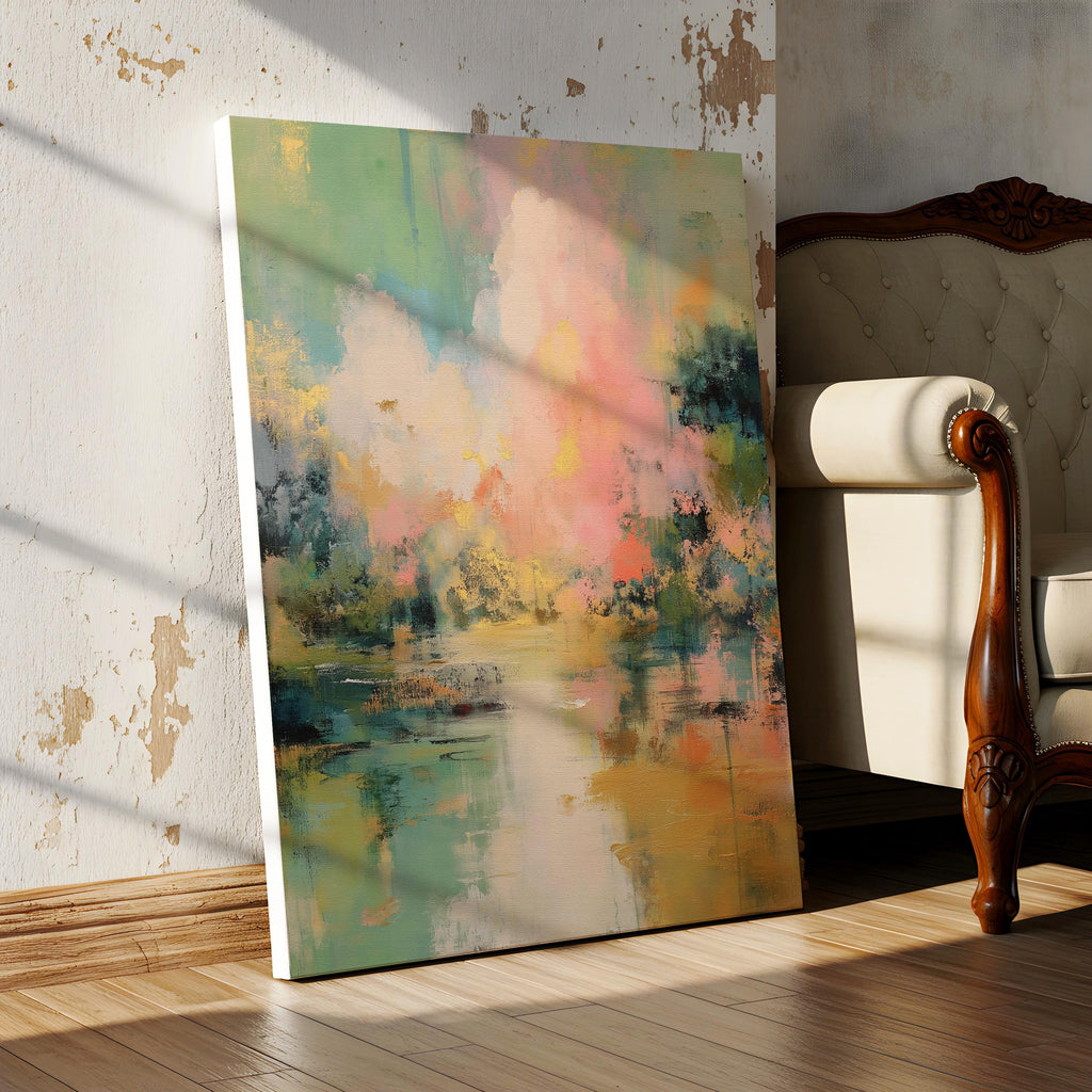 Muse Studio abstract canvas wall art in blush pink, soft green, teal, and pale yellow with cloudscape-inspired brushwork, printed on premium gallery-wrapped artist canvas using museum-grade giclée inks, styled as a soft statement piece for bedroom or living room interiors