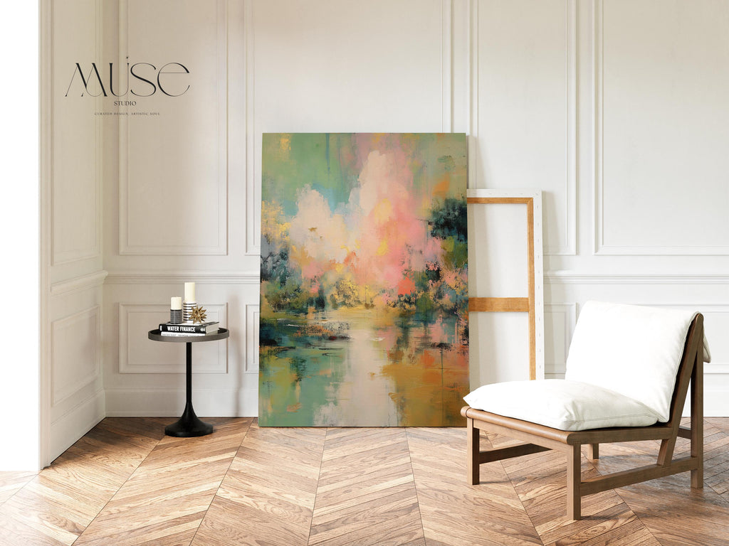 Muse Studio abstract canvas wall art in blush pink, soft green, teal, and pale yellow with cloudscape-inspired brushwork, printed on premium gallery-wrapped artist canvas using museum-grade giclée inks, styled as a soft statement piece for bedroom or living room interiors