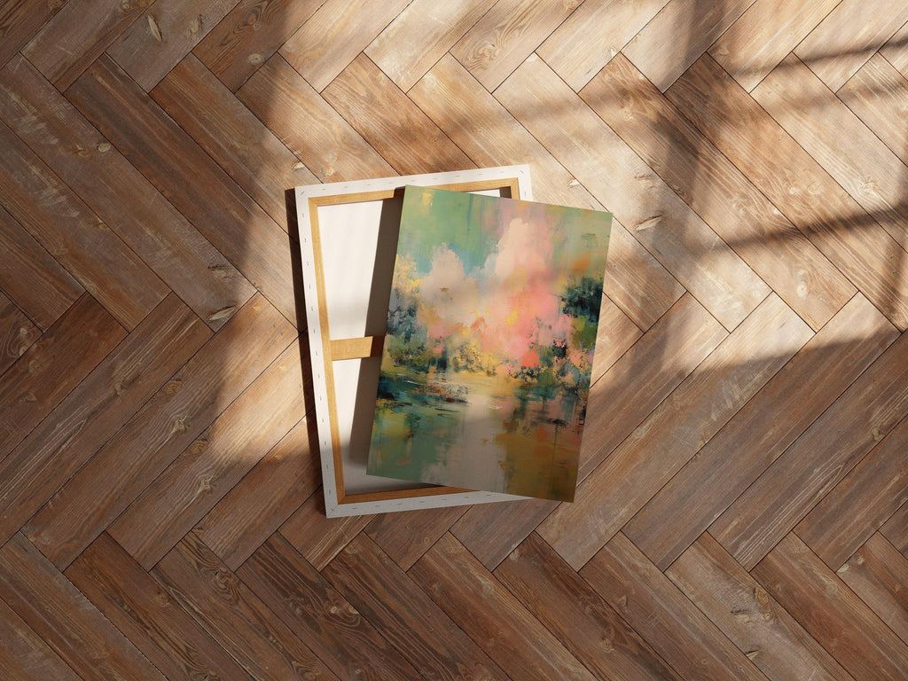 Muse Studio abstract canvas wall art in blush pink, soft green, teal, and pale yellow with cloudscape-inspired brushwork, printed on premium gallery-wrapped artist canvas using museum-grade giclée inks, styled as a soft statement piece for bedroom or living room interiors