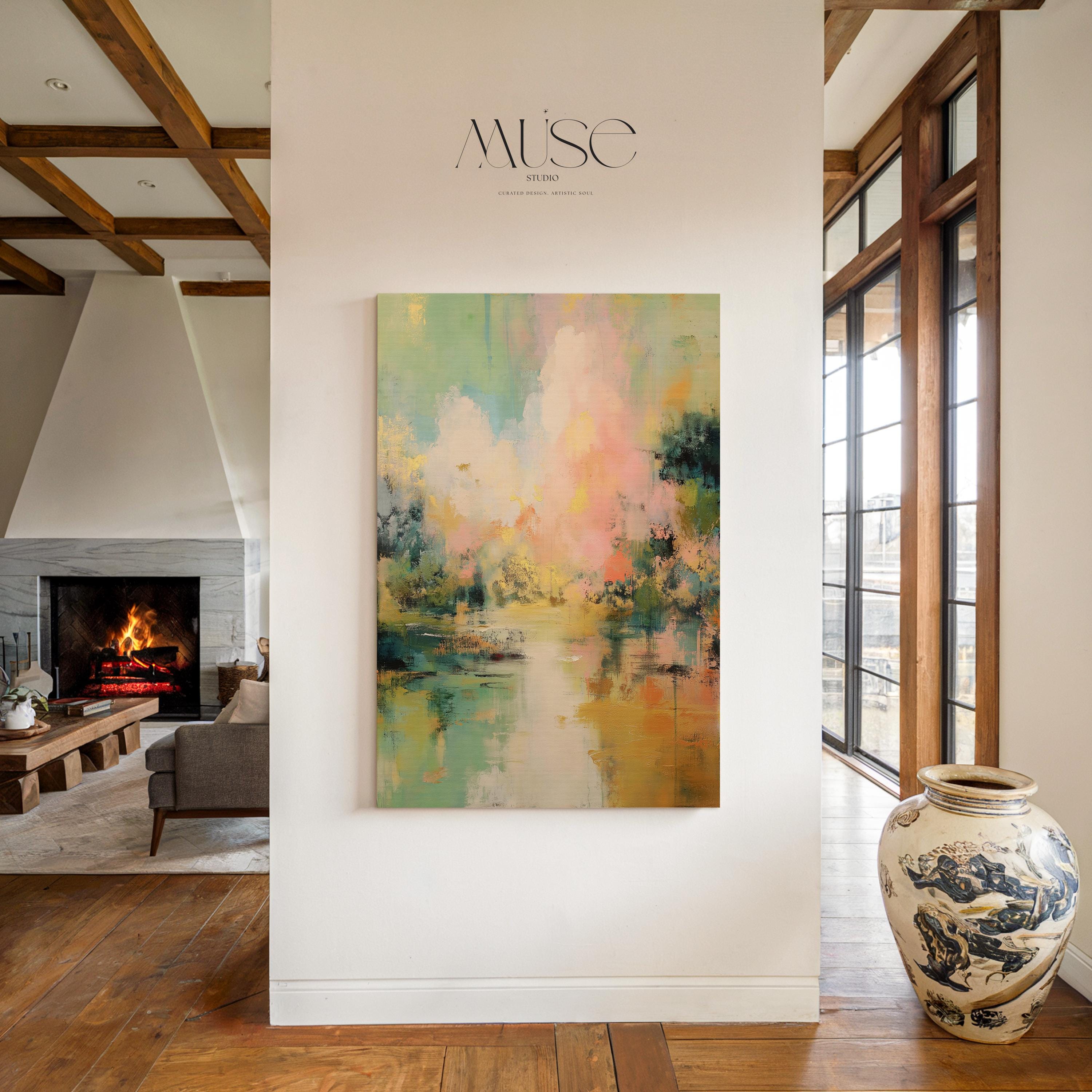 Vertical abstract canvas in peach, mint green, teal, and soft golden tones with luminous blended texture; ideal for living rooms, modern coastal homes, or warm minimalist interiors; gallery-wrapped canvas by Muse Studio