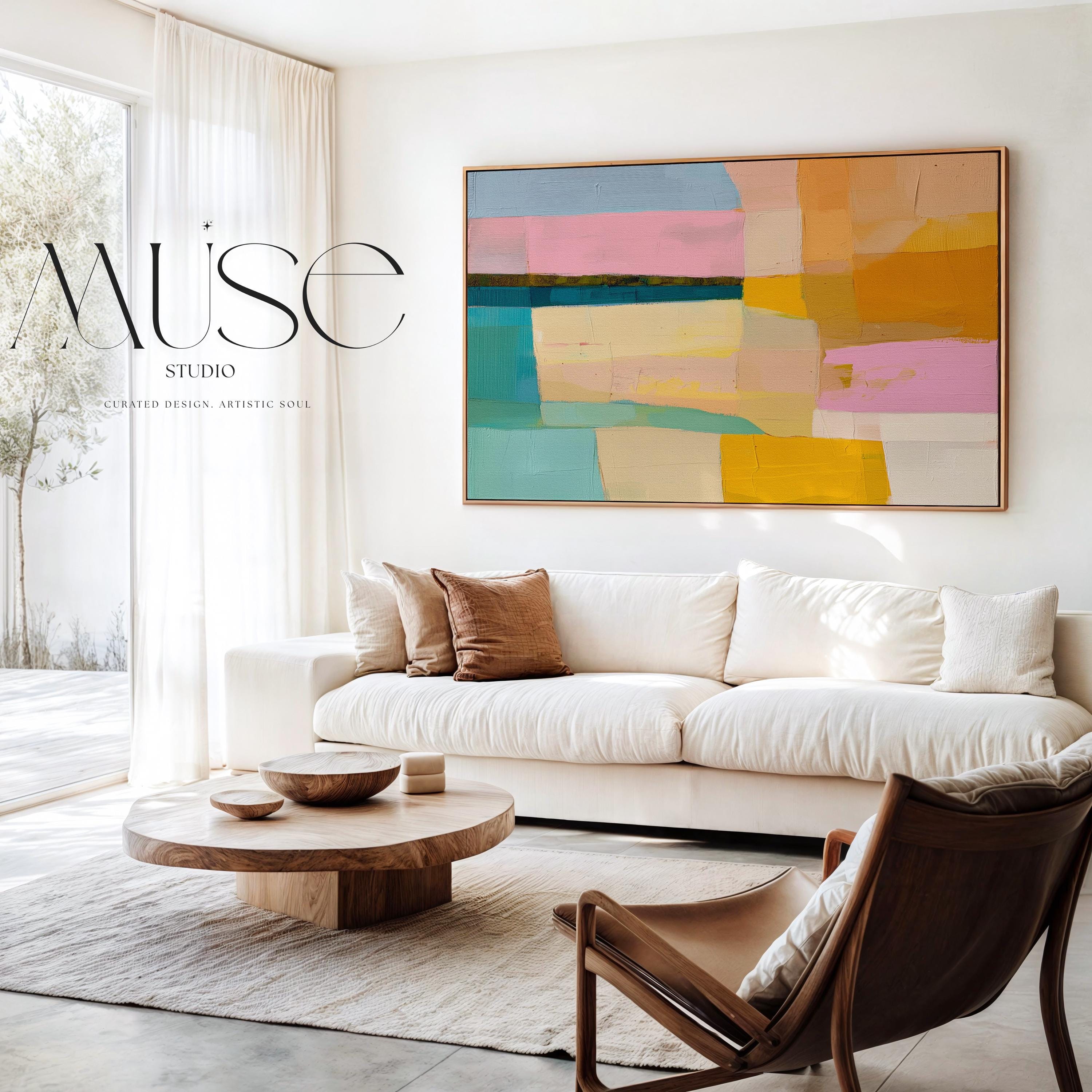 Muse Studio Sunny Meadows 201 large horizontal framed abstract wall art in aqua, blush pink, sky blue, butter yellow, peach, and ochre with midcentury retro colorful style, printed with museum-grade giclée inks on premium gallery-wrapped artist canvas in a custom wood float frame for living room, dining room, or office decor.
