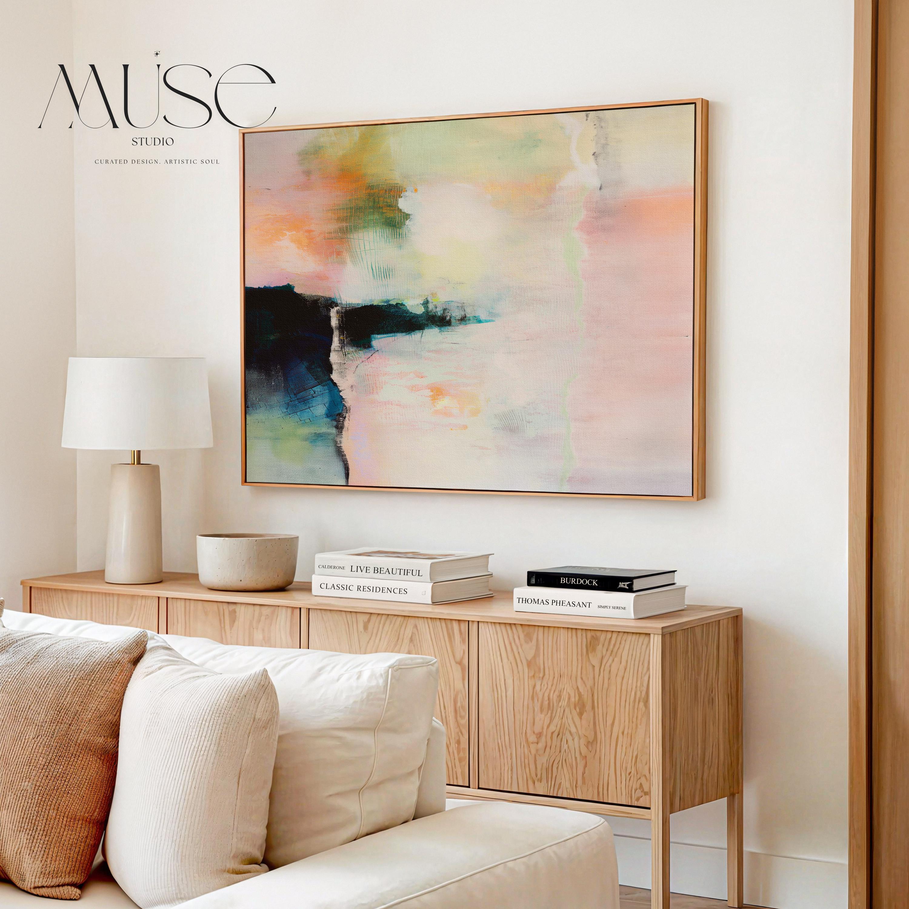 Summer Veil 308 by Muse Studio & Co., large horizontal peach, green and navy modern abstract wall art on premium cotton canvas with museum-grade giclée inks, framed in natural wood for Soft Atmospheric bedrooms and Organic Transitional interiors.