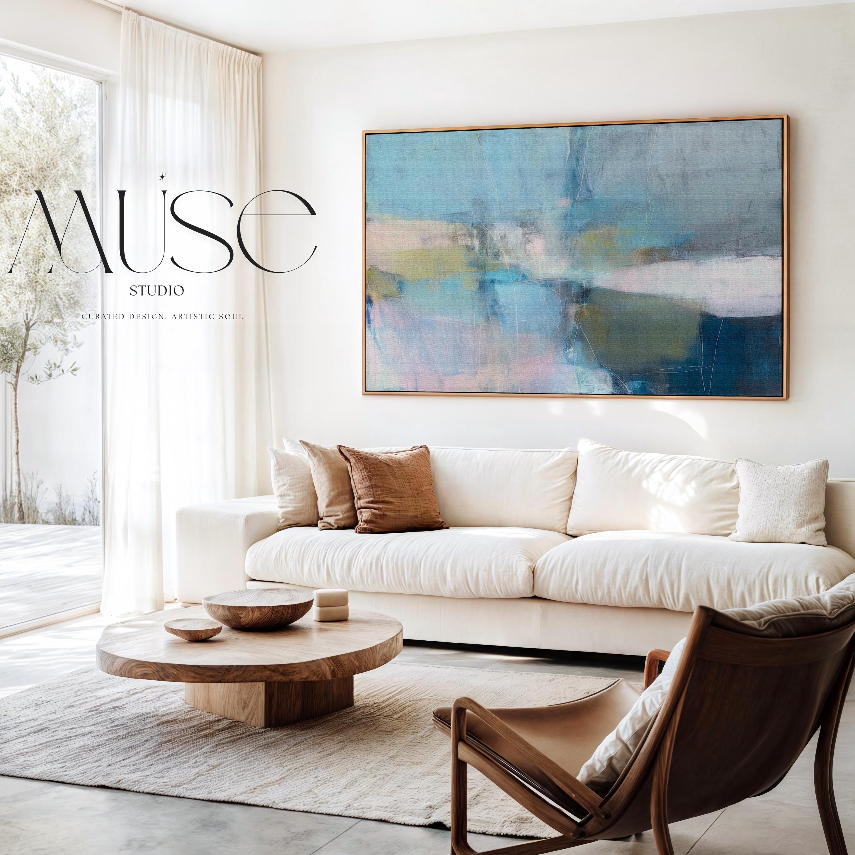Large Horizontal Framed Canvas Wall Art in Blue, White, Sage Green and Beige · Coastal Neutral Abstract Painting for Living Room or Bedroom · Premium Artist Canvas Printed with Museum-Grade Giclée Inks · Solid Wood Frame Ready to Hang · Oversized Statement Wall Decor · Muse Studio Coastal Drift 1036