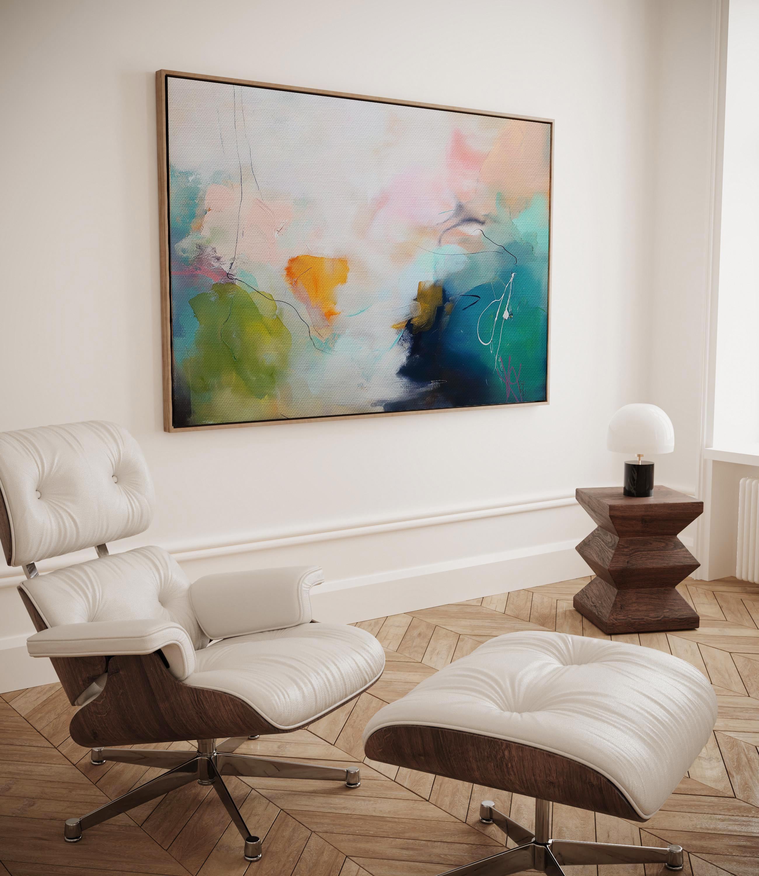 Soft Abstract Wall Art in Green Teal Blue and Blush Modern Large Canvas Painting for Living Room Bedroom or Office Decor | Muse 449 Framed Canvas Art Colorful abstract wall art on framed canvas, perfect for bold decor art and modern wall decor. Large statement piece with expressive brushstrokes and rich textures. Ready-to-hang giclée canvas designed to energize living rooms, offices, and curated interiors. Muse Studio Decor Art.