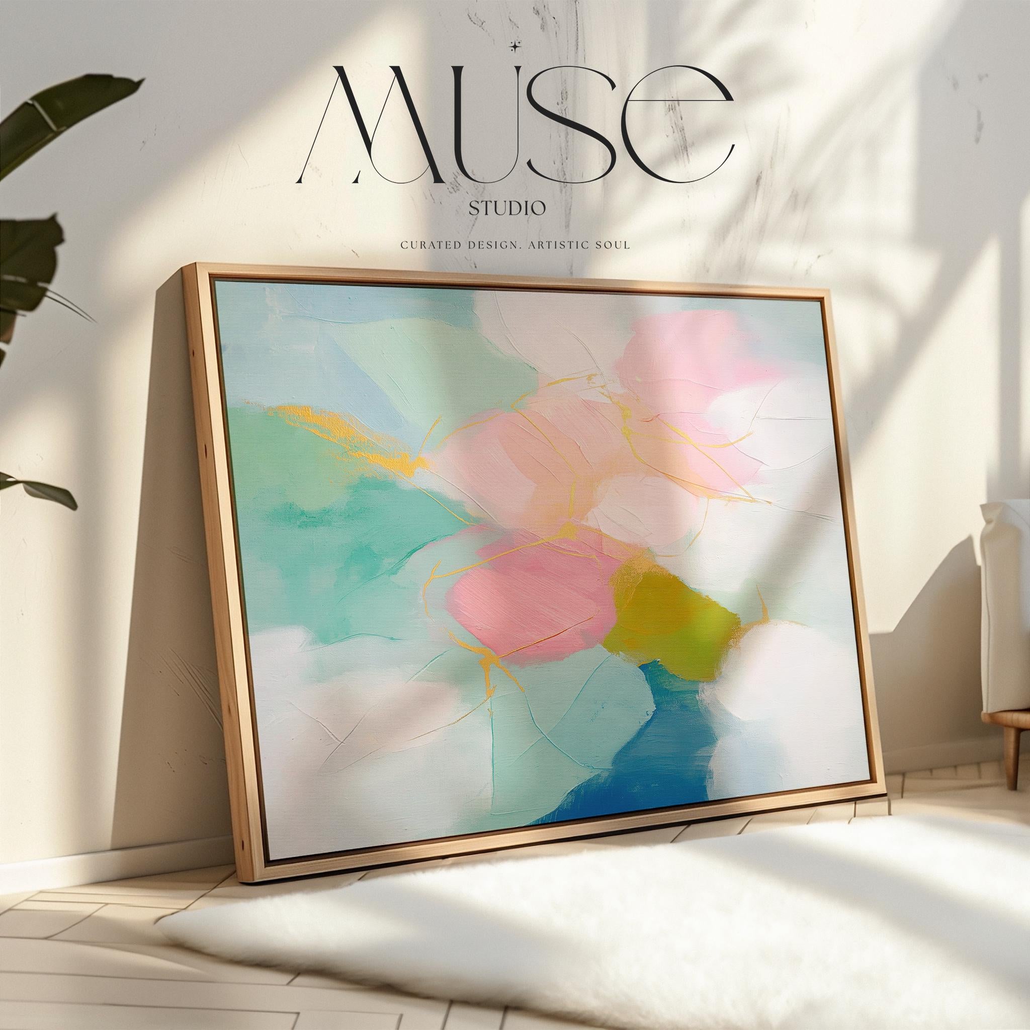 Large Horizontal Abstract Canvas Wall Art for Nursery – Aqua Blush Pastel Painting · Kids Room Dorm Decor · Muse Studio · 484
