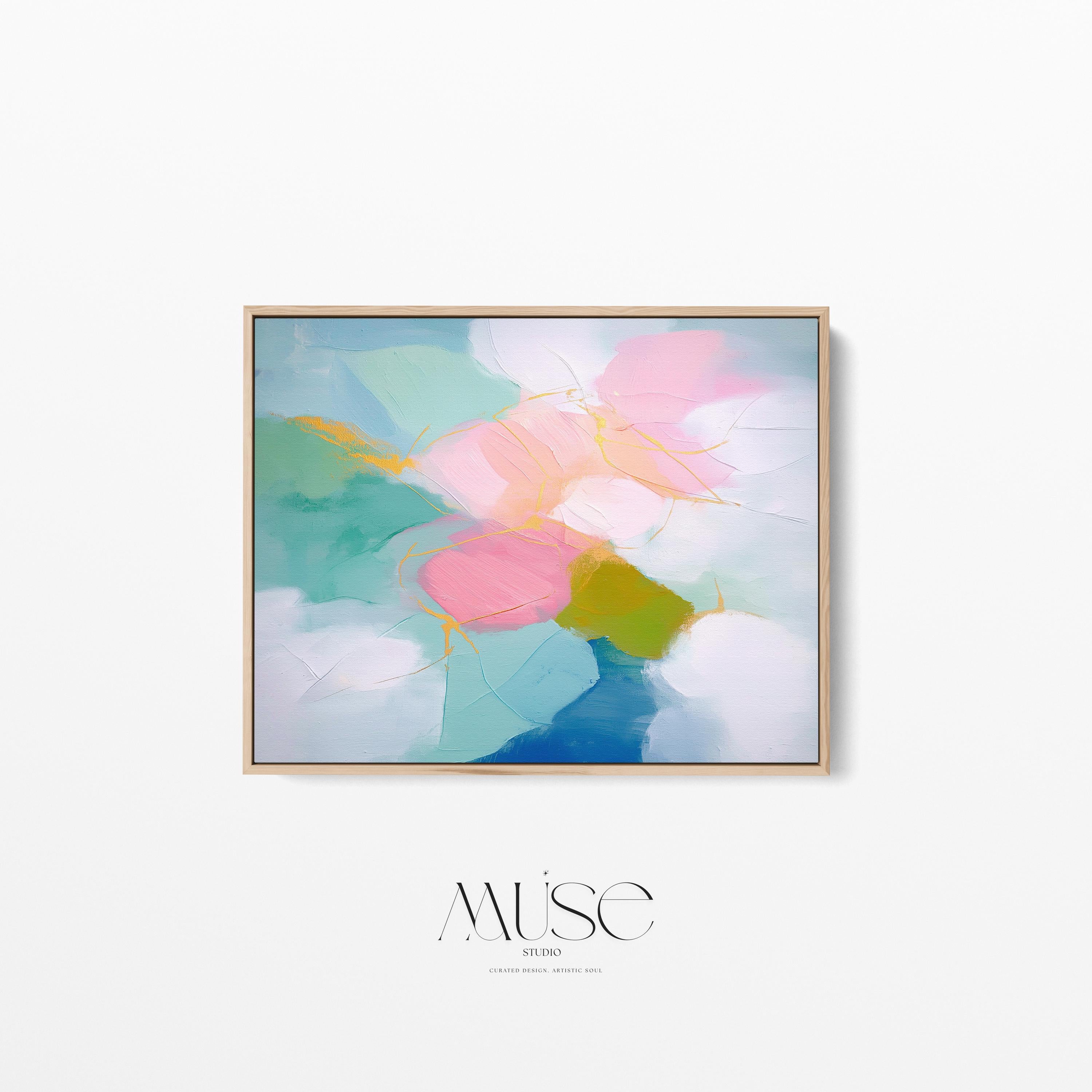 Abstract canvas wall art by Muse Studio featuring aqua and blush pastel tones in a soft horizontal composition, printed with museum-grade giclée inks on premium gallery-wrapped artist canvas for nursery, kids room, or dorm decor 484