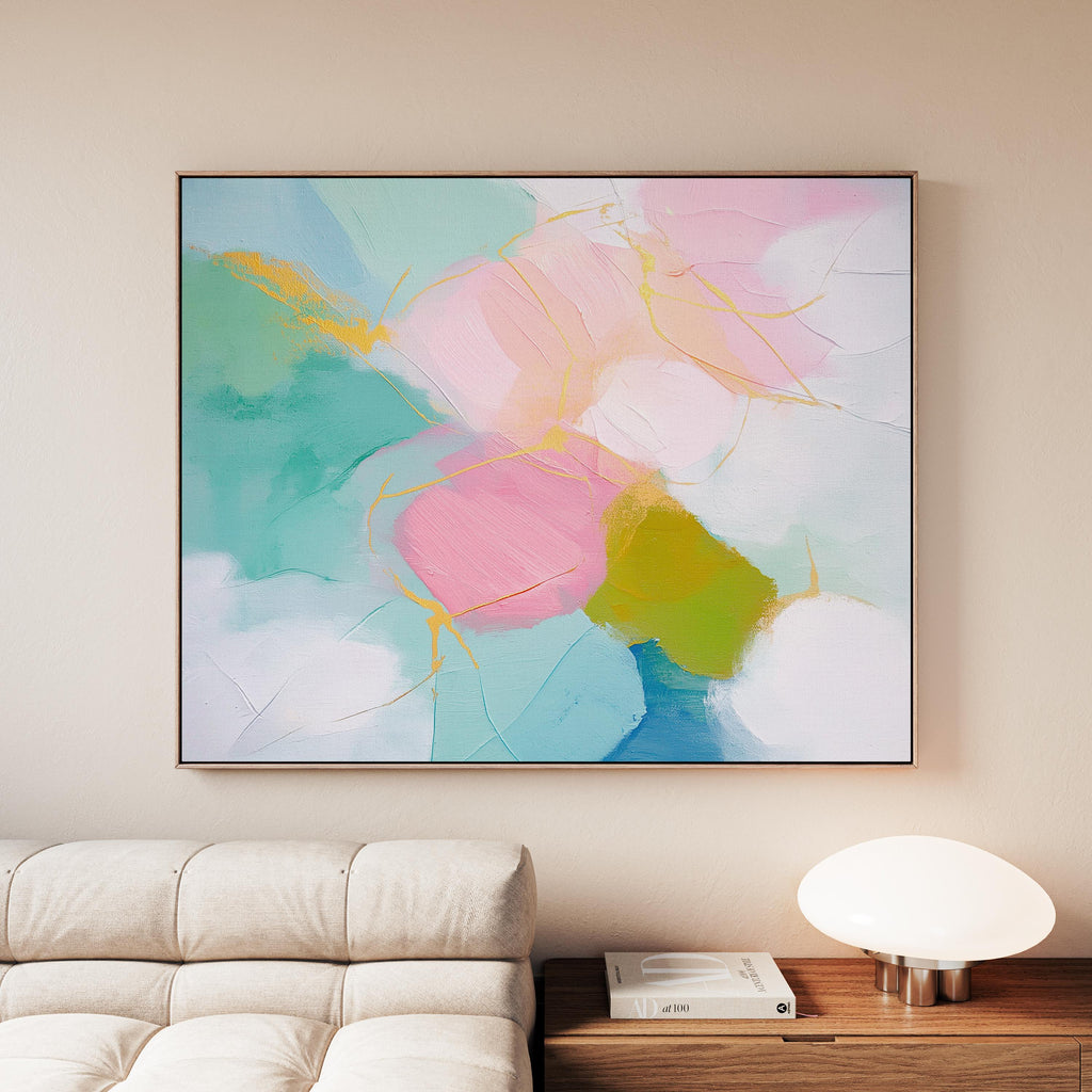 Abstract canvas wall art by Muse Studio featuring aqua and blush pastel tones in a soft horizontal composition, printed with museum-grade giclée inks on premium gallery-wrapped artist canvas for nursery, kids room, or dorm decor 484