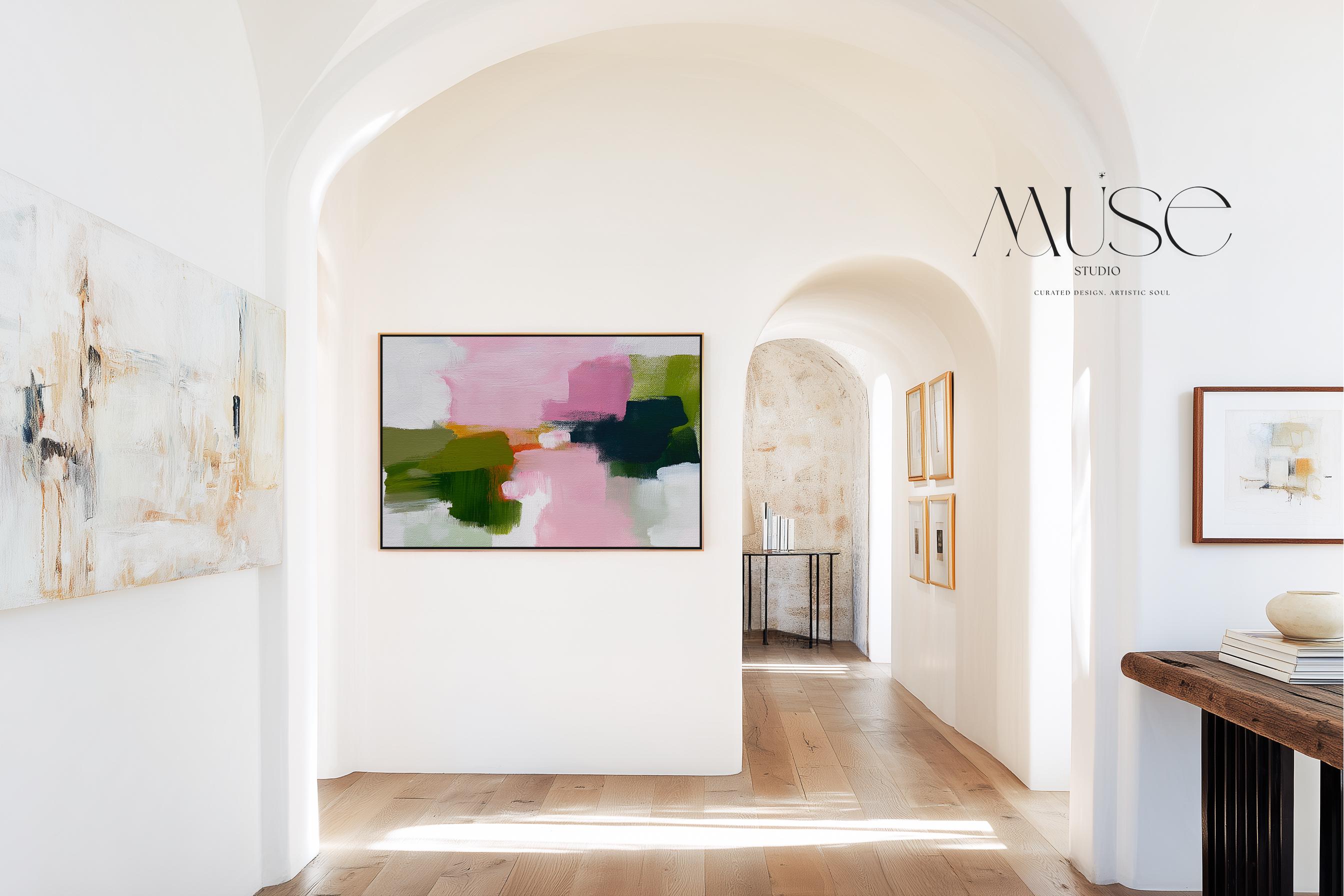Abstract canvas wall art by Muse Studio featuring blush pink and soft green tones in a minimal horizontal composition, printed with museum-grade giclée inks on premium gallery-wrapped artist canvas for living room or bedroom decor 316