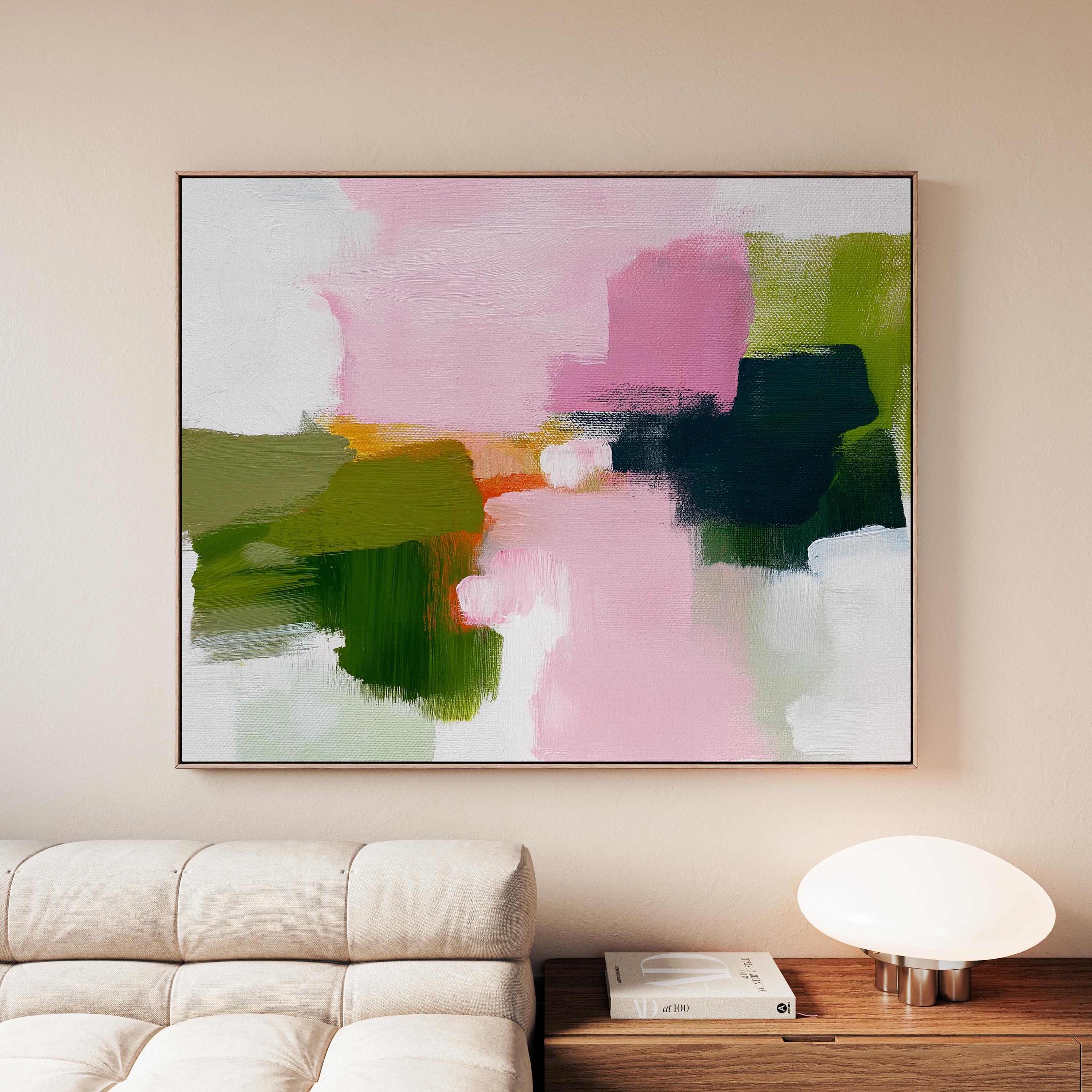 Abstract canvas wall art by Muse Studio featuring blush pink and soft green tones in a minimal horizontal composition, printed with museum-grade giclée inks on premium gallery-wrapped artist canvas for living room or bedroom decor 316