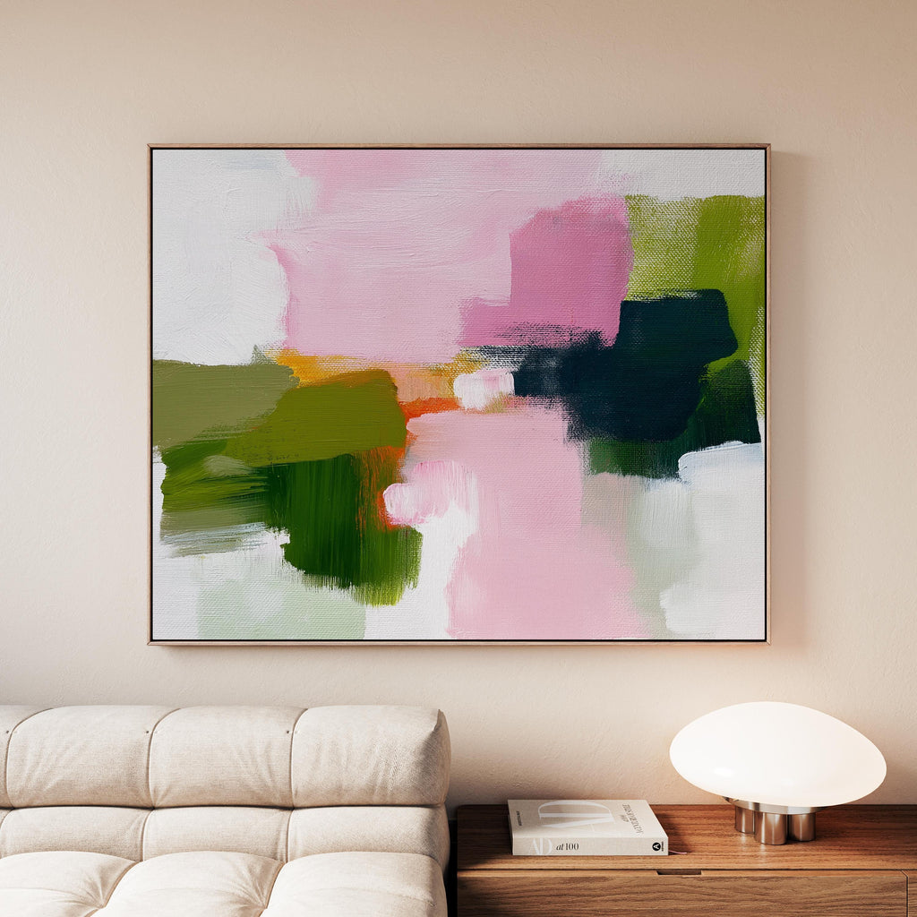 Abstract canvas wall art by Muse Studio featuring blush pink and soft green tones in a minimal horizontal composition, printed with museum-grade giclée inks on premium gallery-wrapped artist canvas for living room or bedroom decor 316