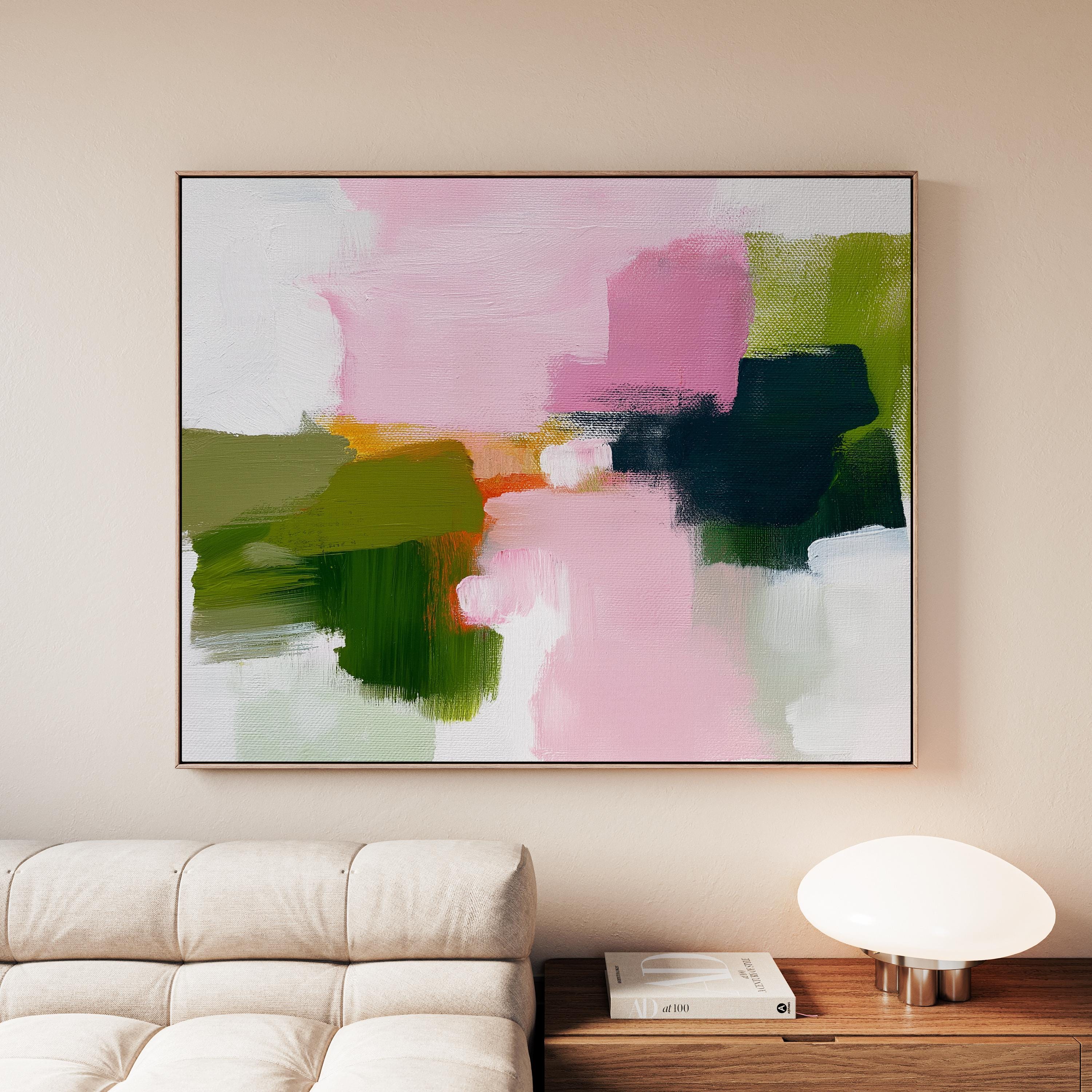 Abstract canvas wall art by Muse Studio featuring blush pink and soft green tones in a minimal horizontal composition, printed with museum-grade giclée inks on premium gallery-wrapped artist canvas for living room or bedroom decor 316
